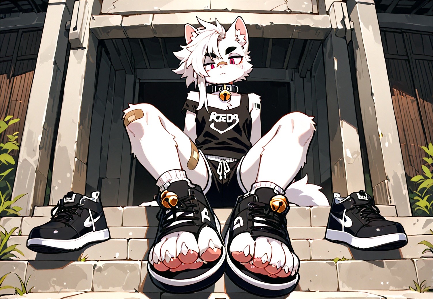 furry,white fur,cat boy,white hair,Right mid length drooping frontal hair,(Asymmetric hair on the temples:1.2),Expose left shoulder,wristband,thick eyebrows,barcode tattoo,bell on collar,Collar,Cortical collar,Large collar,white hair,bandage on nose,bandage on leg,ankle tie bell,shoes focus,wear open toe shoes,<lora:FURRY工坊β:1>,