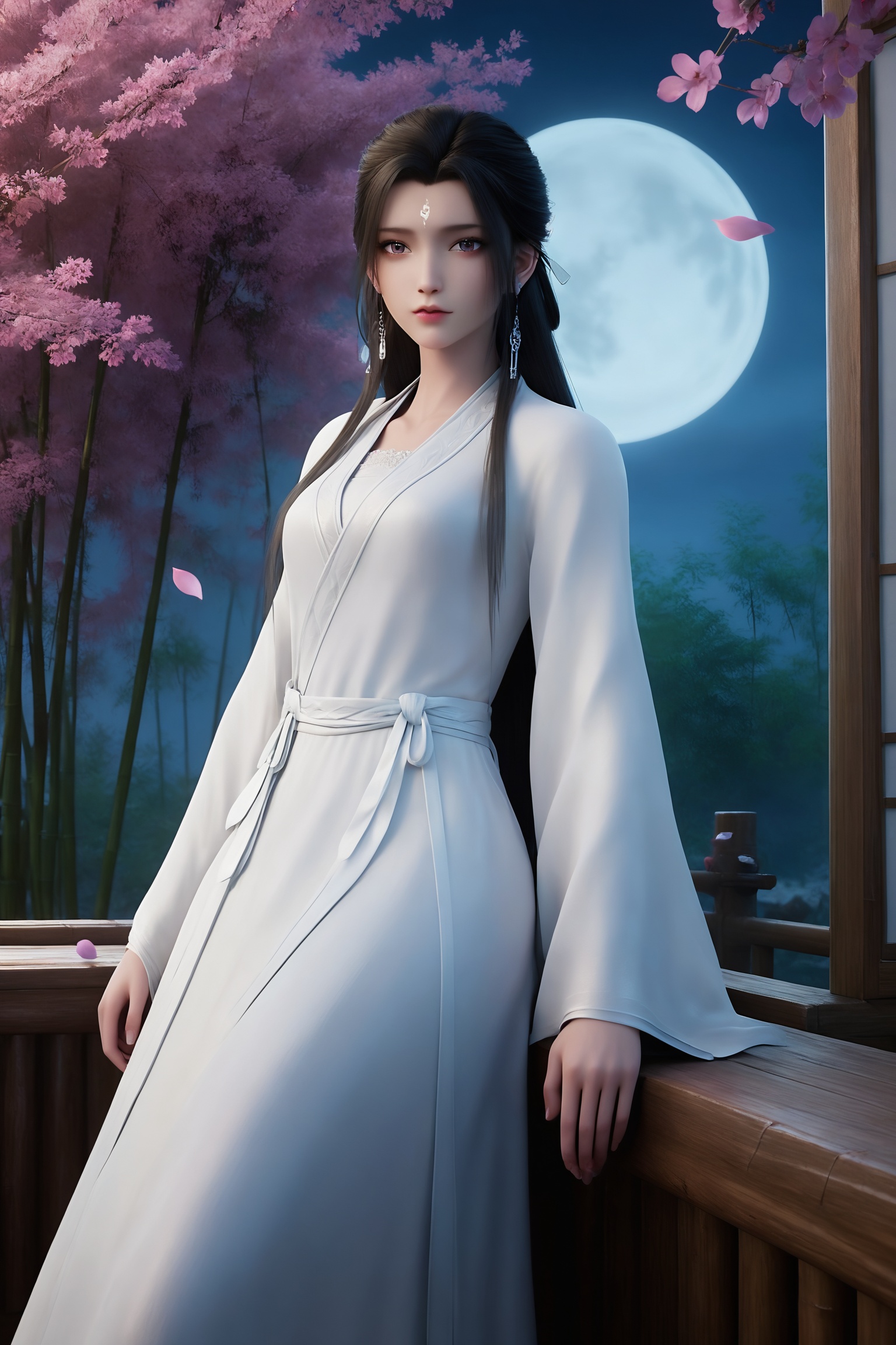 <lora:诛仙3-陆雪琪睡袍Pony:0.8>,1girl,long,straight black hair,flowing,white traditional Chinese robe,white sash,long sleeves,two long braids,white hairpins,pair of white,traditional Chinese shoes.,, masterpiece,best quality,solo,1girl,upper body,petals,looking at viewer,moon,branch,cherry blossoms,flower,extreme aesthetic,(quasarcake:0.7),masterpiece,best quality,good quality,newest,very aesthetic,absurdres,A shot with tension,(Visual impact,giving the poster a dynamic and visually striking appearance:1.2),impactful picture,offcial art,colorful,splash of color,movie perspective,