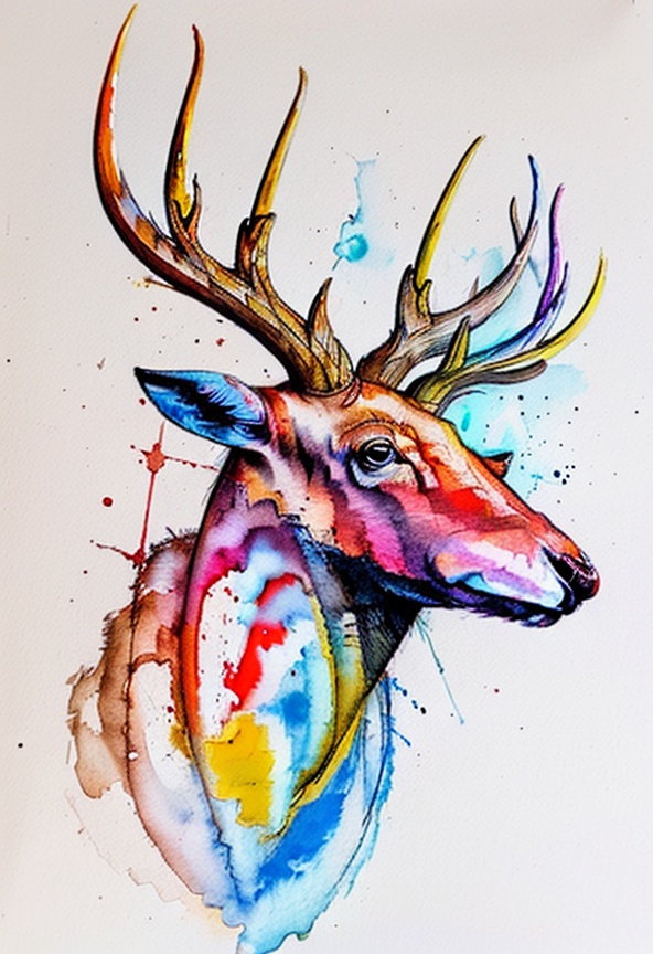 Caihui, Caimo, no humans, painting \(medium\), watercolor \(medium\), white background, traditional media, simple background, solo, horns, animal focus, deer, antlers, black eyes, white background, <lora:SD1.5_Caihui1.28:0.8>