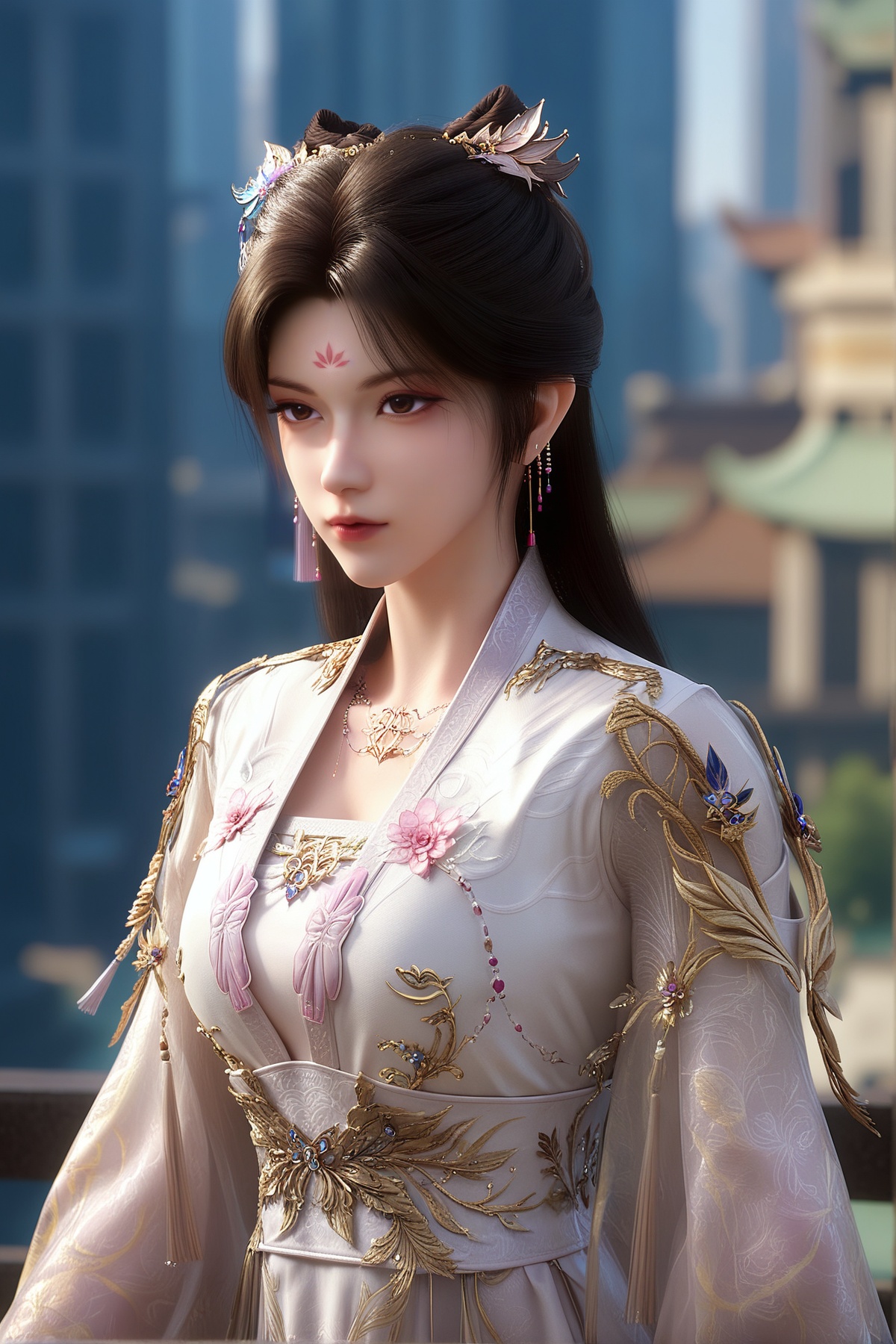 score_9,score_8_up,score_7_up,full_details,skindentation,hair_ornament,black hair,brown hair,brown eyes,forehead mark,<lora:wy_mengkeer_x_XL7.0:0.8>,1girl,solo,white dress,medium breasts,chinese_clothes,wetting,dark,depth of field,city,