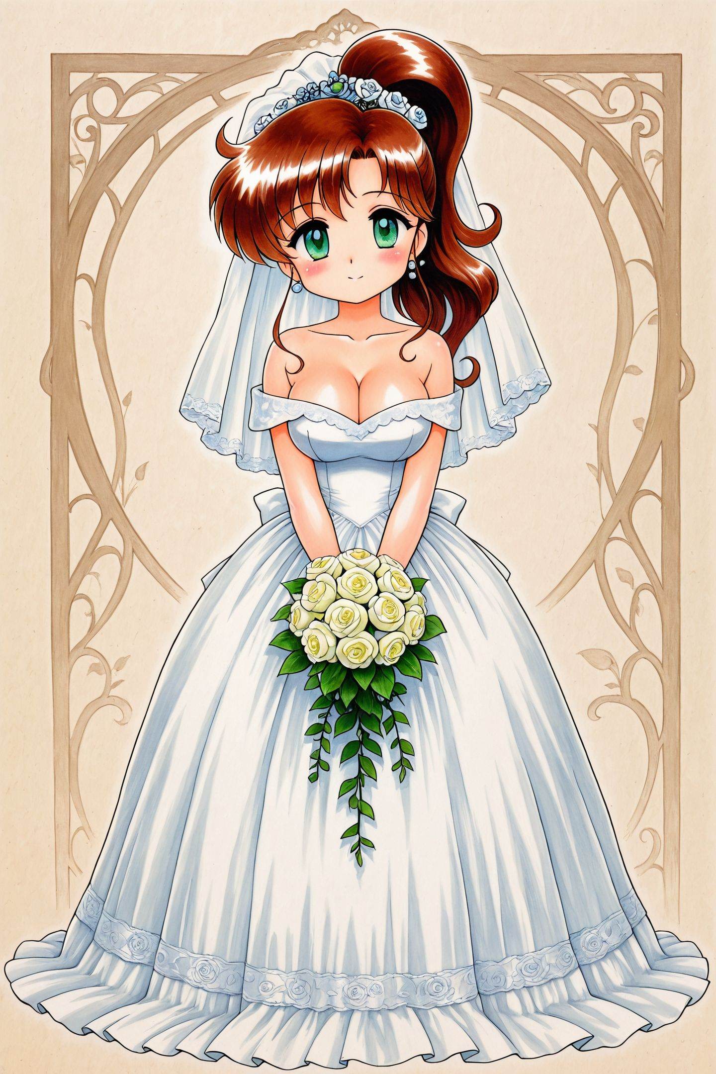 Juu Kuroinu Style,1girl,breasts,brown hair,kino makoto,solo,wedding dress,dress,veil,large breasts,cleavage,ponytail,bridal veil,blush,looking at viewer,long hair,white dress,bare shoulders,collarbone,bride,hair ornament,earrings,flower,high ponytail,hair flower,green eyes,traditional media,bouquet,holding,outdoors,full body,chibi,<lora:black dog chibi_illustriousXL:1>,