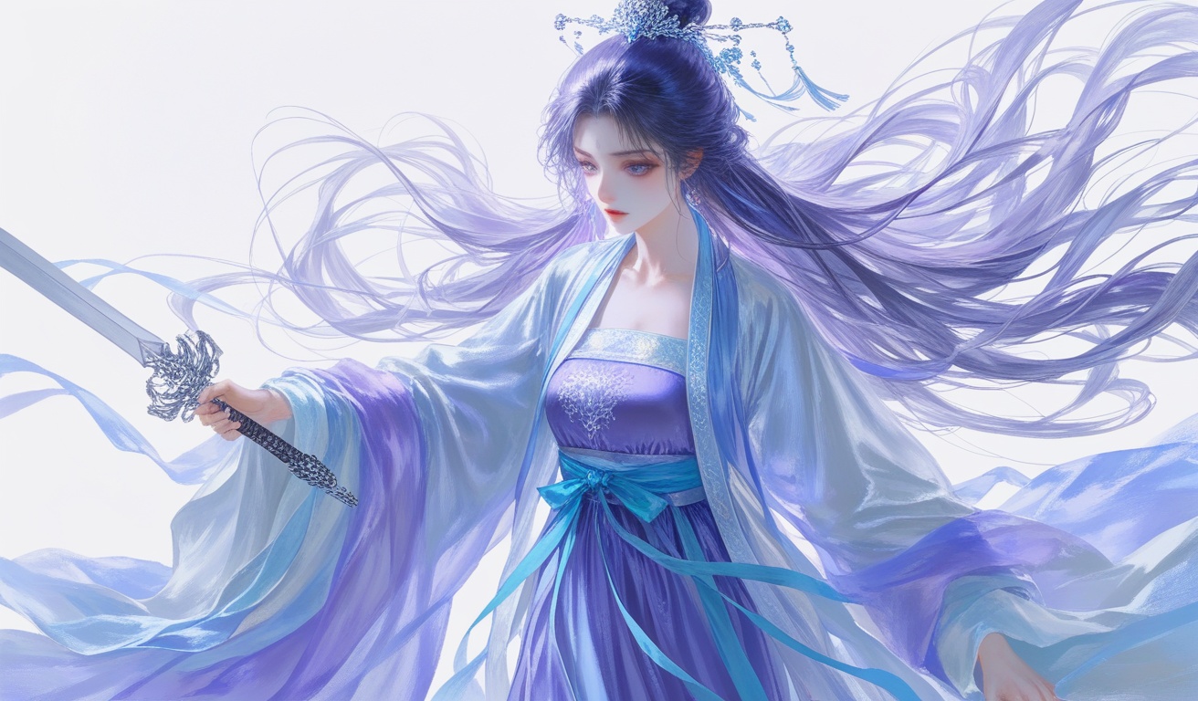 (artist:quasarcake:0.8), extreme aesthetic, (wlop:0.6), White background, very long hair, simple background, white theme, folds, close your mouth, 1 girl, solo, long hair, weapon, purple hair, sword, Chinese clothing, Hanfu, holding, holding a weapon, long sleeves, purple eyes, whole body, holding a sword, purple dress, wide sleeves, bun, shut up, floating hair, jewelry, half body, animated clothes, ancient Hanfu, big eyes, Japanese painting style, fczj,