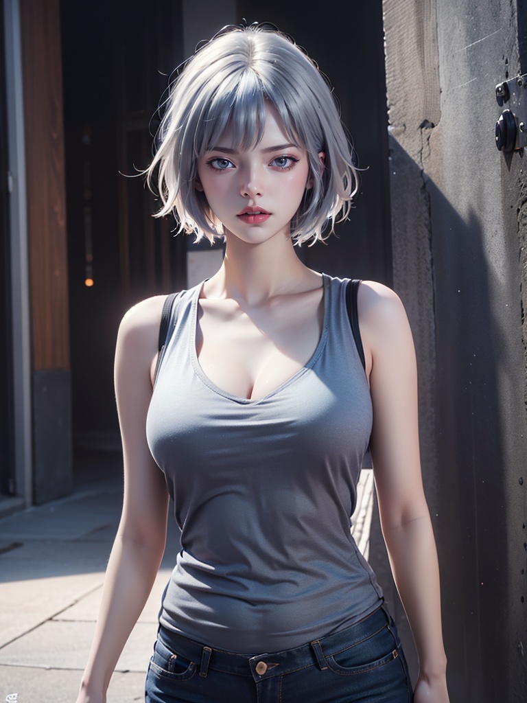 t-shirt,1girl,solo,curvy,short hair,silver hair,large breasts,cleavage,looking at viewer,(masterpiece:1.3),8k wallpaper,best quality,extremely detailed CG,extremely delicate and beautiful,highres,photograph,photorealistic,<lora:byk_xx_real_v1-000001:0.7>,