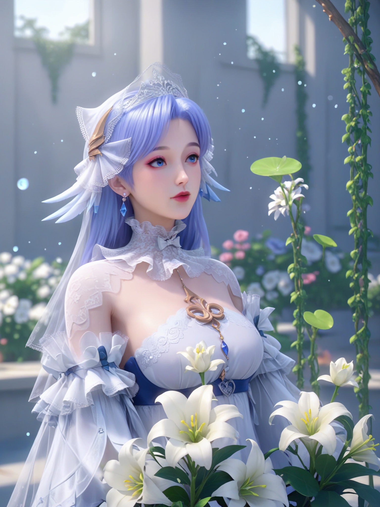 score_9_up,1girl,solo,best quality,aesthetic,grey background,blurry background,gradient background,tanzaku,tanabata,vines,earrings,four-leaf clover,blurry foreground,depth of field,water drop,potted plant,branch,morning glory,bubble,lily of the valley,<lora:王者荣耀-大乔520Pony:0.65>,blue eyes,pink eyeliner,long,flowing lavender hair,wears a white,ornate gown with intricate lace and embroidery,high collar and voluminous sleeves adorned with delicate lace and pearls,