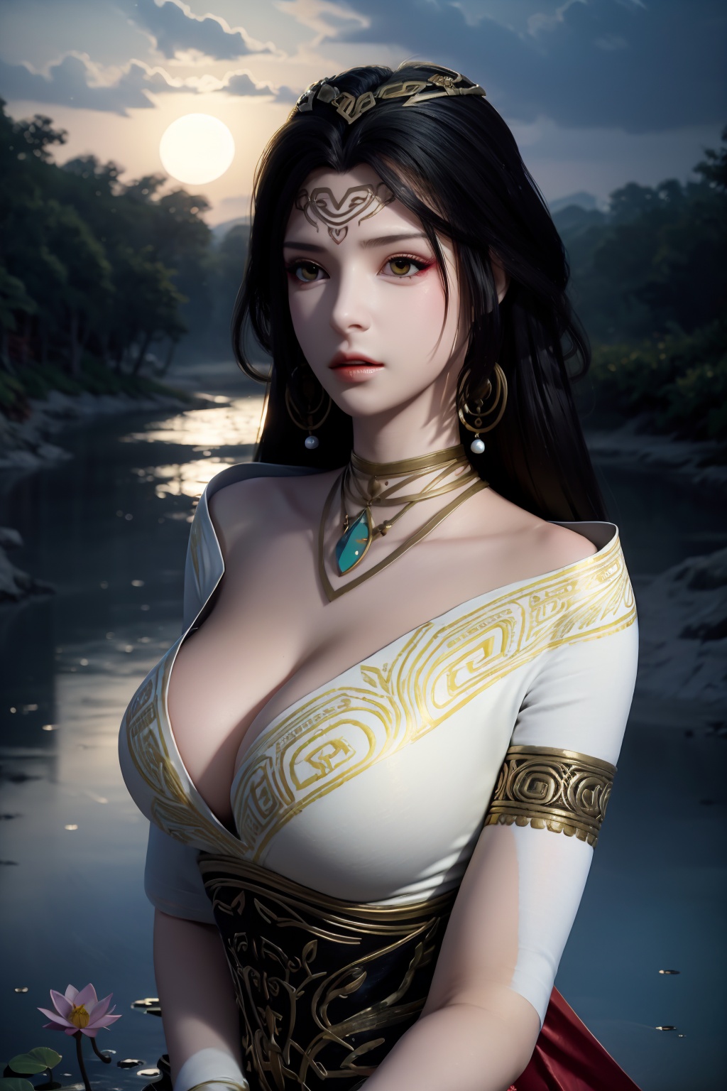 standing,flower,full_moon,moon,night,lily_pad,lotus,moonlight,water,night_sky,lily_\(flower\),sky,partially_submerged,1girl,solo,hair ornament,long hair,realistic,nail polish,photo_\(medium\),(big breasts, cleavage),makeup,(8k, RAW photo, best quality, masterpiece:1.2),(realistic, photorealistic:1.3),ultra-detailed,extremely detailed cg 8k wallpaper,(crystalstexture skin:1.2),extremely delicate and beautiful,(sexy pose:1.2),wearing edgHL,see-through,thighhighs,sexy lingerie,(big breasts:1.2),silk,thin transparent silk,torn pantyhose,