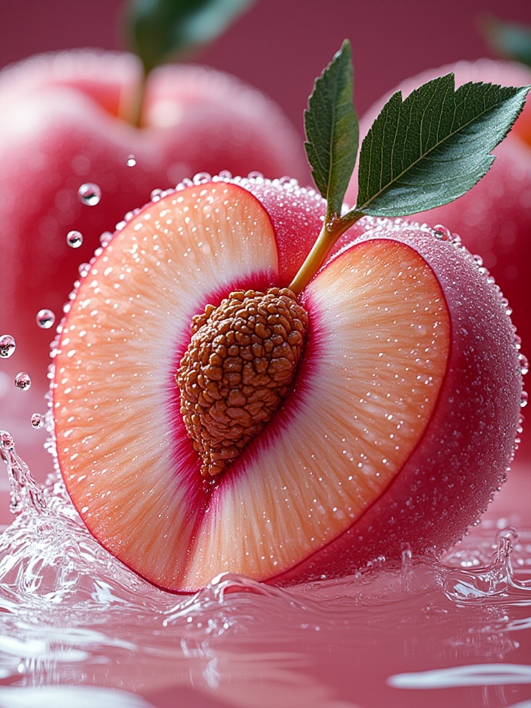 miluo_sgjh,Fruits,water splashes,A close-up photograph of a ripe, red apple with a slice cut in half, revealing its white and orange interior, and a green leaf on top. The apple is glistening with water droplets, and the background is a soft, blurred red. The focus is on the fruit, with the background slightly out of focus. The image has a high-quality, realistic style with a focus on the texture of the fruit and the droplets., <lora:miluo丨秀色可餐爆汁水果:1>