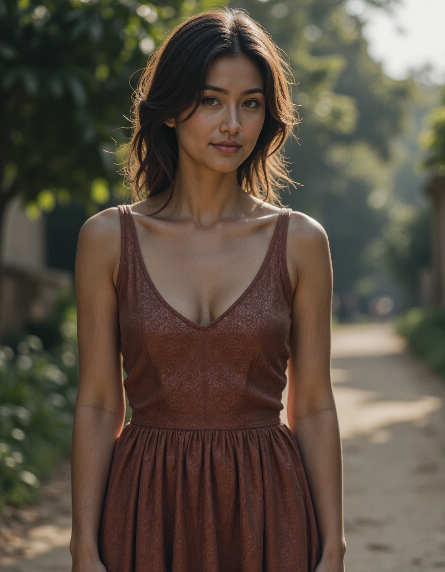cinematic, 1woman, solo, (smirk:0.5), realistic, looking at viewer, upper body, dress, outdoors,