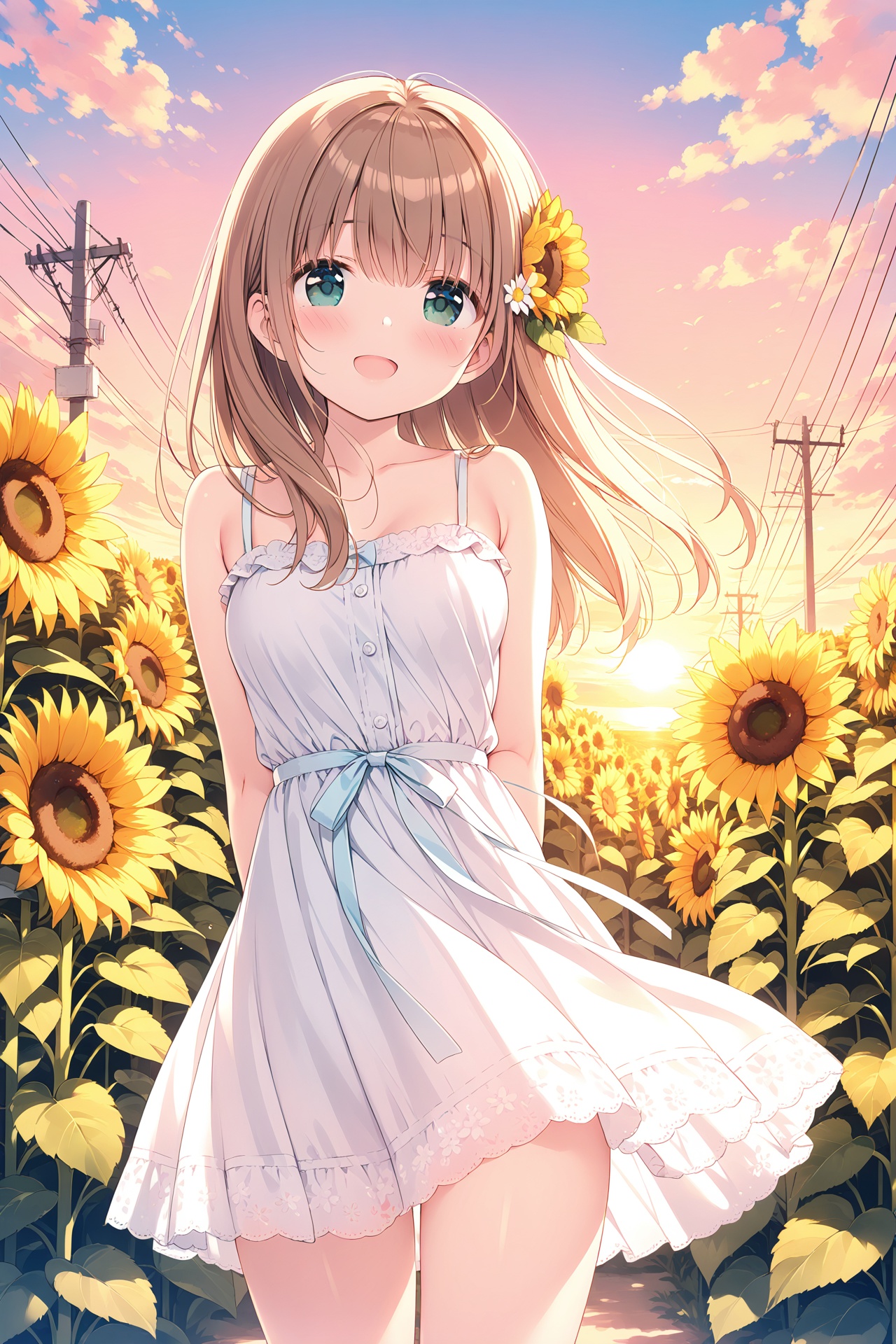 masterpiece,best quality,high quality,(colorful),1girl,flower,sunflower,solo,dress,outdoors,sunset,open mouth,long hair,blush,white dress,looking at viewer,hair ornament,arms behind back,sleeveless,cloud,smile,sundress,sleeveless dress,hair flower,brown hair,sky,bare shoulders,breasts,sun,blue eyes,:d,cowboy shot,medium breasts,bare arms,power lines,green eyes,standing,