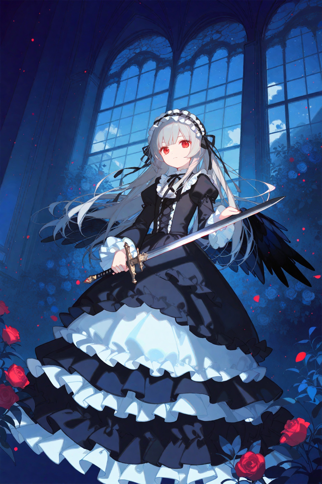 Artist:ask (askzy),Artist:chen bin,Artist:ciloranko,1girl,suigintou,solo,dress,long hair,red eyes,long sleeves,hairband,wings,grey hair,sword,black wings,frills,weapon,holding,juliet sleeves,looking at viewer,black ribbon,black dress,lolita fashion,puffy sleeves,flower,indoors,feathers,holding sword,lolita hairband,closed mouth,gothic lolita,ribbon,white dress,rose,standing,holding weapon,window,black hairband,frilled sleeves,frilled dress,