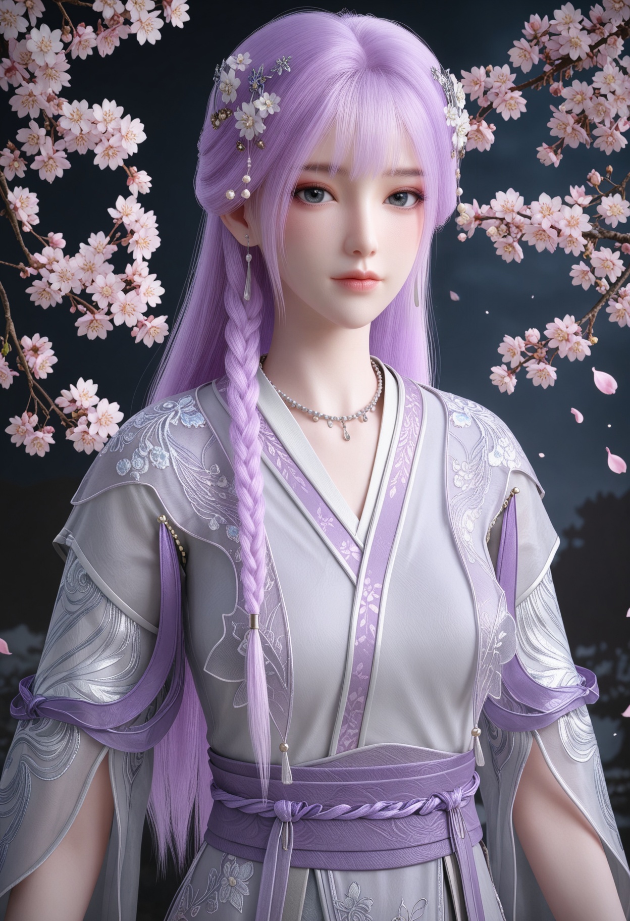 (upper_body:1.2),(looking at viewer:1.1),masterpiece,(best quality),smog,Dark room,dim lighting,peach blossom,falling petals,<lora:YQ_Illustrious光辉v5_天穹_少女_V1:0.8>,q1528437228,1girl,solo,long hair,purple hair,jewelry,hair ornament,earrings,braid,necklace,dress,hair flower,blue eyes,pink hair,chinese clothes,green eyes,side braid,grey eyes,japanese clothes,wide sleeves,long sleeves,sash,robe,