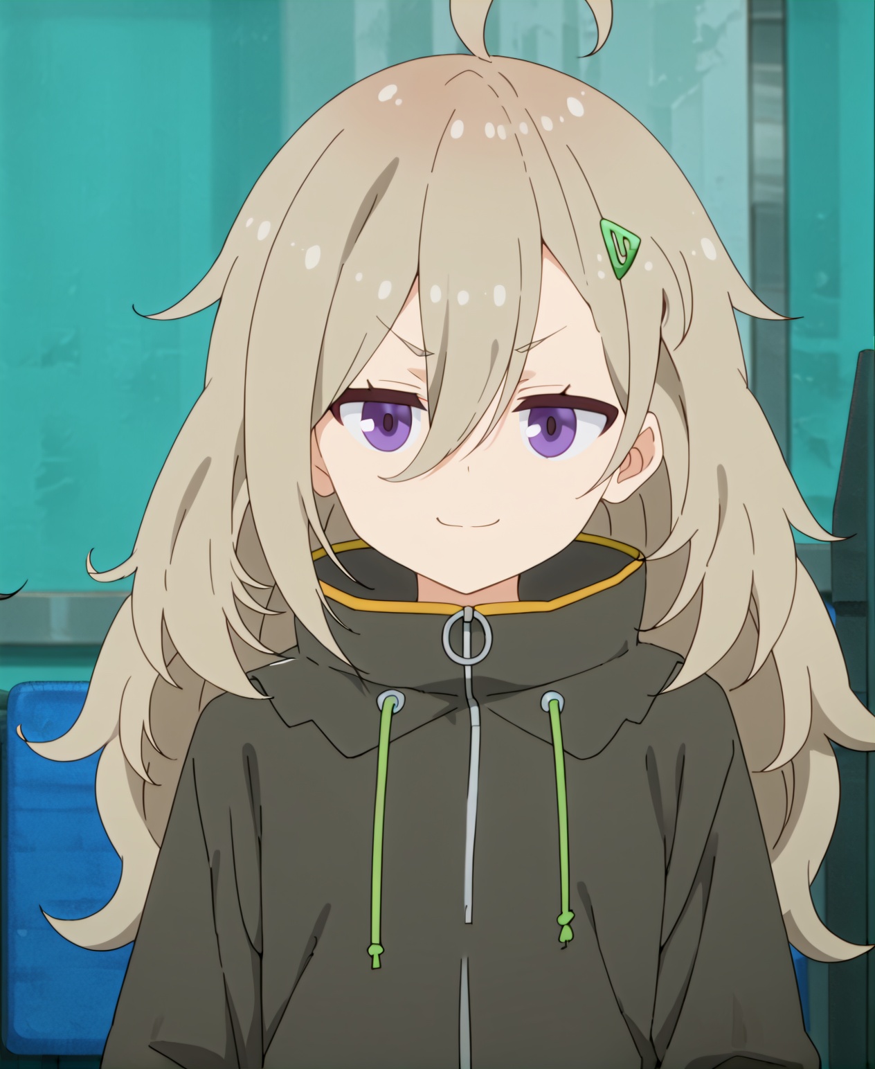 1girl,solo,long hair,looking at viewer,smile,bangs,hair ornament,long sleeves,hair between eyes,closed mouth,purple eyes,jacket,upper body,ahoge,hairclip,black jacket,v-shaped eyebrows,parody,smug,<lora:pony比嘉踯躅:0.8>,