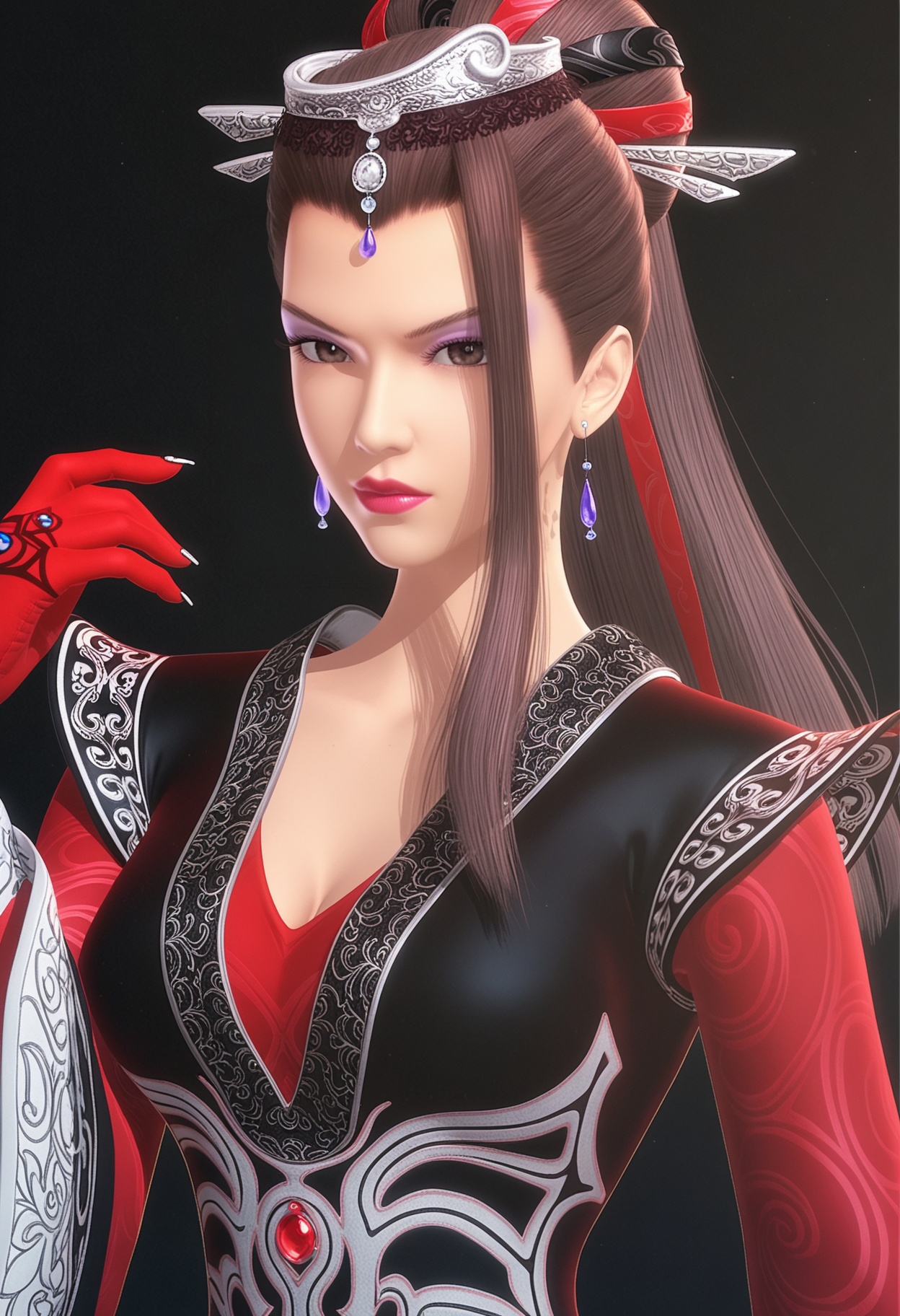 perfect_anatomy,(score_9:1.1),(upper_body:1.1),looking_at_viewer,<lora:YQ_pony_dashiming_V4:0.8>,q1528437228,solo,1girl,brown hair,jewelry,earrings,long hair,makeup,hair ornament,brown eyes,chinese clothes,gloves,dress,long sleeves,ponytail,lipstick,breasts,black hair,eyeshadow,red gloves,pantyhose,cleavage,wide sleeves,ribbon,hat,hair ribbon,perfect_anatomy BREAK (perfect_anatomy:1.1),mature female,(simple background,pure black background,black background:1.1),(shiny_skin),(Ivory_skin:1.1),(cinematic lighting),