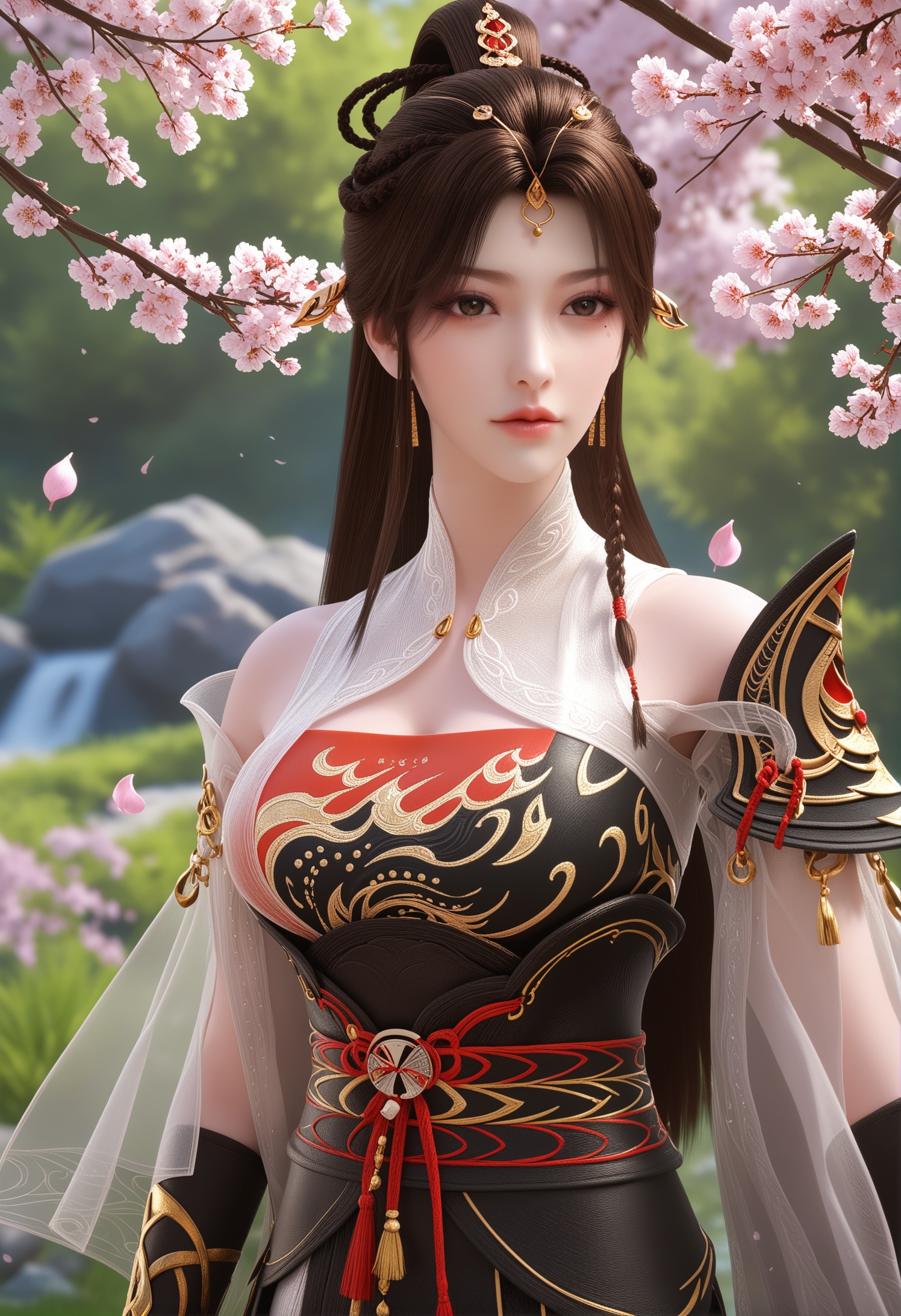score_9,score_8_up,score_7_up,1girl,solo,realistic,(looking at viewer:1.1),(portrait:1.4),1girl,solo,realistic,dress,red dress,black dress,white dress,china dress,chinese clothes,tassel,shoulder cutout,shoulder armor,armor,see-through,detached sleeves,see-through sleeves,gold trim,black shorts,forehead mark,facial mark,forehead jewel,elbow gloves,fingerless gloves,clothing cutout,black gloves,1girl,solo,realistic,jewelry,circlet,hair ornament,hair rings,earrings,gold earrings,1girl,solo,realistic,(mature face:1.2),(big eye:0.7),(pale_skin:1.1),(shiny_skin:1.1),slender face,long hair,brown hair,brown eyes,hair bun,braid,bare shoulders,makeup,eyeshadow,eyelashes,red lips,lips,ponytail,mole under eye,closed mouth,realistic,grass,madotsuki,cherry blossoms,falling petals,petals,outdoors,tree,rock,water,medium breasts,(cleavage:1.1),cleavage cutout,<lora:小巳-云望舒-战斗服2:0.85>,
