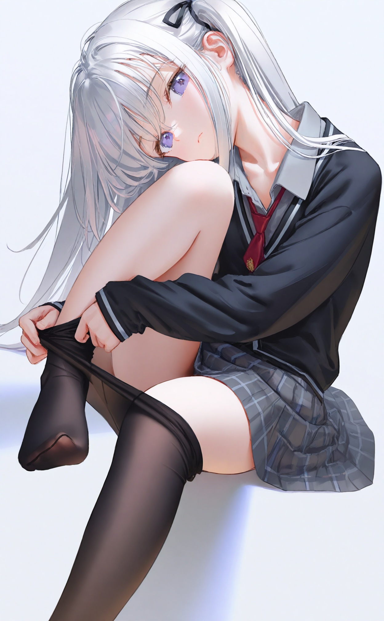 masterpiece,best quality,high quality,loli,(artist:ningen_mame:0.9),(artist:sho_(sho_lwlw):0.9),(artist:rhasta:0.9),(artist:wlop:0.7),(artist:ke-ta:0.6),(fkey:0.5),(tianliang duohe fangdongye:0.5),(hiten \(hitenkei\):0.6),loli,1girl,solo,skirt,ribbon,purple eyes,long hair,hair ribbon,grey skirt,shirt,blush,simple background,pantyhose,looking at viewer,collared shirt,white background,pleated skirt,long sleeves,black ribbon,closed mouth,necktie,hair between eyes,white hair,plaid,grey shirt,plaid skirt,side ponytail,dutch angle,thighhighs,miniskirt,pantyhose pull,clothes pull,red necktie,cardigan,sidelocks,**********,black pantyhose,black cardigan,head tilt,knee up,black thighhighs,school uniform,invisible chair,no shoes,collarbone,frown,black sweater,pulled by self,ponytail,breasts,on_back,