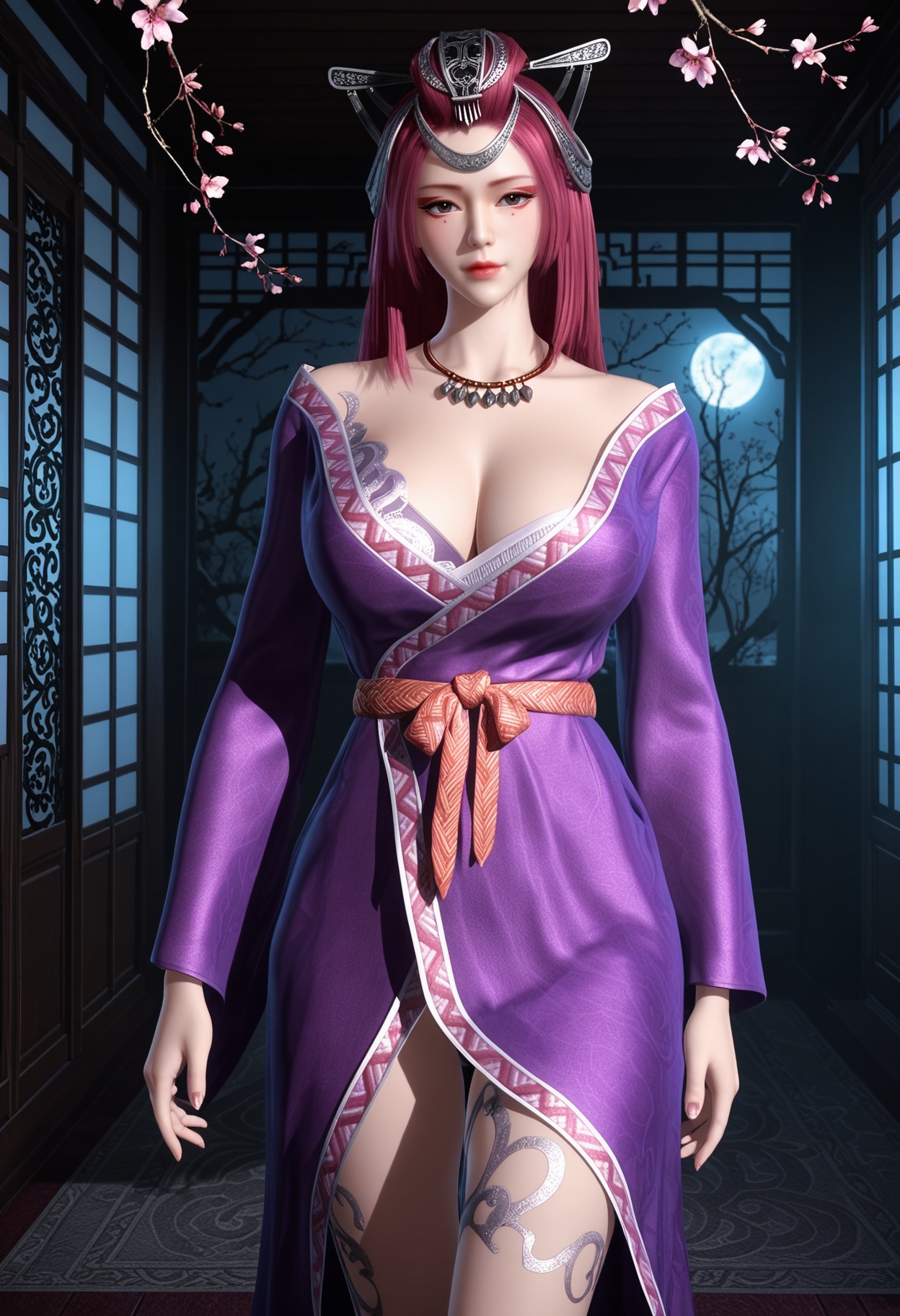 (cowboy shot:1.2),(gigantic breasts:0.7),(Perky boobs:1.3),(looking at viewer:1.1),facing viewer,direct gaze,(masterpiece:1.1),(best quality:1.2),(intricate details),(smog:1.3),(Dark room:1.3),(dim lighting:1.3),peach blossom,falling petals,<lora:YQ_Illustrious光辉v5_田蜜_V1:0.8>,1girl,q1528437228,solo,jewelry,necklace,hair ornament,long hair,dress,mole under eye,brown eyes,tattoo,sash,shoes,side slit,black eyes,thighs,hat,leg tattoo,masterpiece,(best quality),(intricate details:0.9) BREAK (intricate details:0.9),(realistic skin:1.2),masterpiece,best quality,newest,absurdres,hiahres,