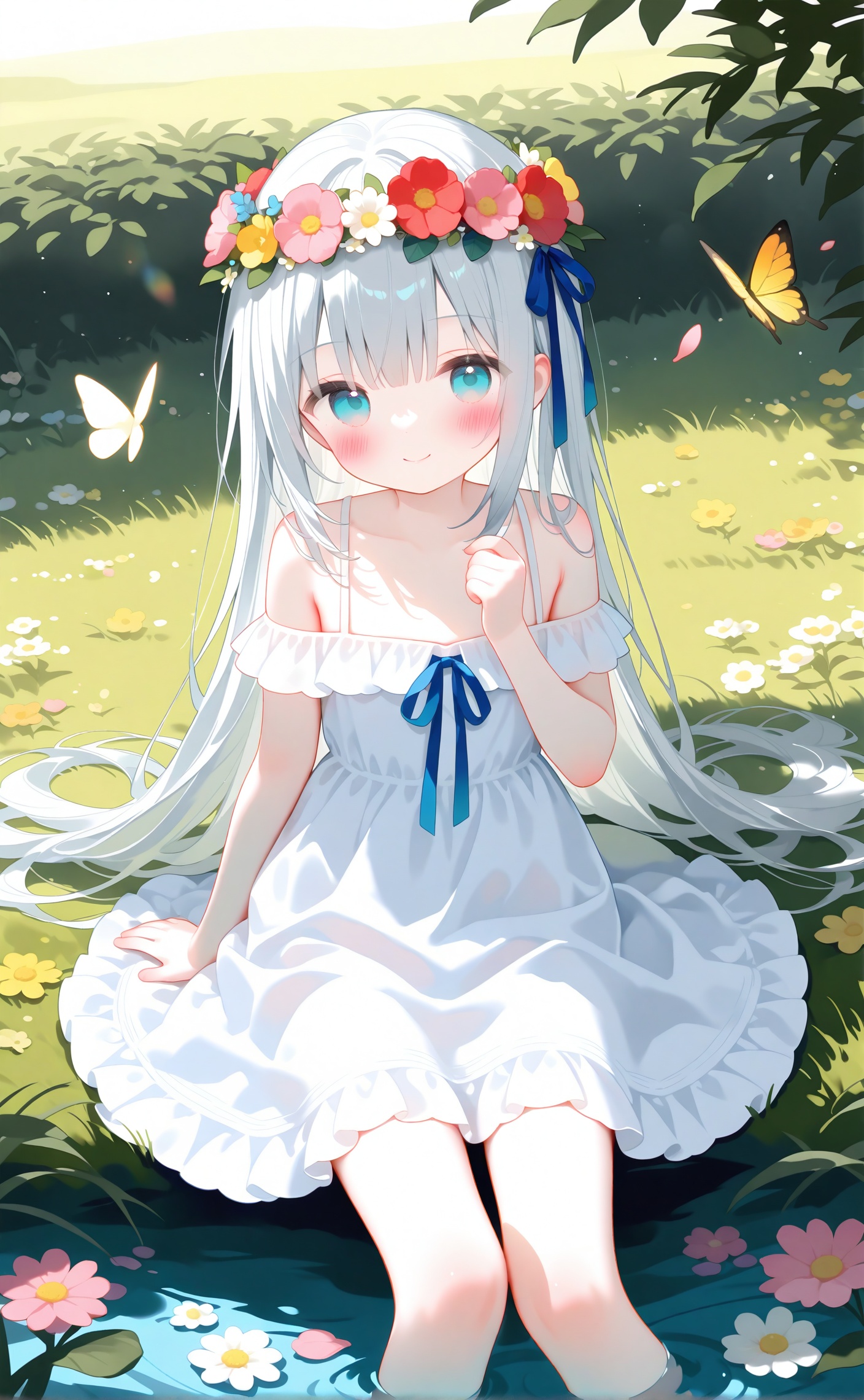 masterpiece,very aware,highres,absurdres,newest,best quality,loli,petite,high quality,chromatic_aberration,//1girl,bug,butterfly,solo,long hair,blue eyes,head wreath,smile,white hair,dress,looking at viewer,flower wreath,ribbon,water,sitting,flower,outdoors,grass,blue ribbon,white dress,hair ribbon,blush,off shoulder,day,closed mouth,on grass,yellow flower,off-shoulder dress,bare shoulders,virtual youtuber,petals,white flower,very long hair,yellow butterfly,collarbone,soaking feet,sundress,arm support,grey hair,spaghetti strap,hand up,white butterfly,sidelocks,hair ornament,pink flower,animal,aqua eyes,red flower,hair flower,partially submerged,frills,sunlight,flat chest,