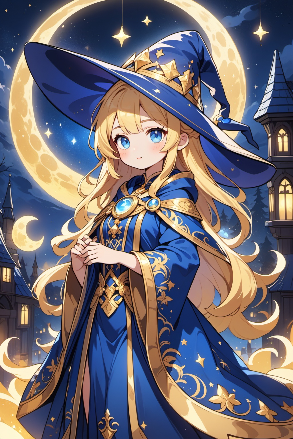 a blonde, blue-eyed cute Wizard girl standing on a moonlit night. A colorful, sparkling halo appears and colors the scene. She wears a wizard hat with gold embroidery and luxurious blue robes, creating a mysterious atmosphere.,blue moon, masterpiece,best quality,very aesthetic,absurdres,