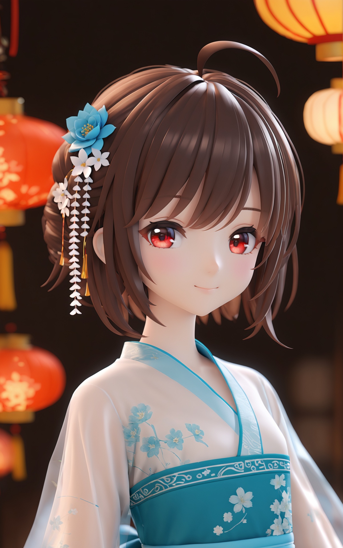 artist mmd,1girl,solo,red eyes,looking at viewer,hair ornament,short hair,upper body,brown hair,blurry,ahoge,bangs,chinese clothes,see-through,depth of field,hanfu,smile,floral print,closed mouth,