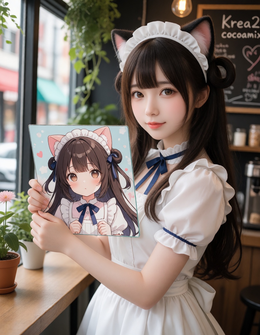 amazing realistic image,  realistic clothes.A clear and beautiful realistic of a realistic woman holding an anime panel.Th...