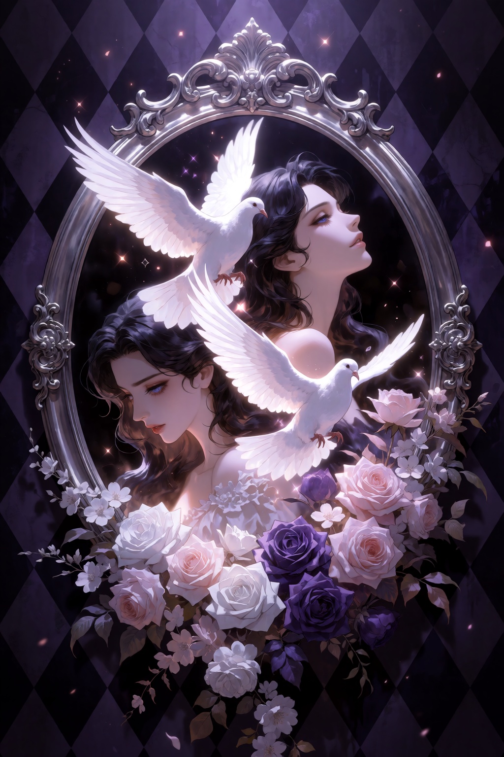 A deeply ethereal,  gothic-fantasy illustration centered around a large,  ornate silver oval mirror mounted against a dark...