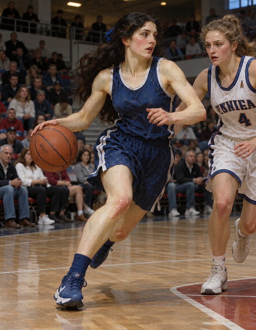 A Pre-Raphaelite woman dribbling past an opponent in a basketball game. on Tensor.Art