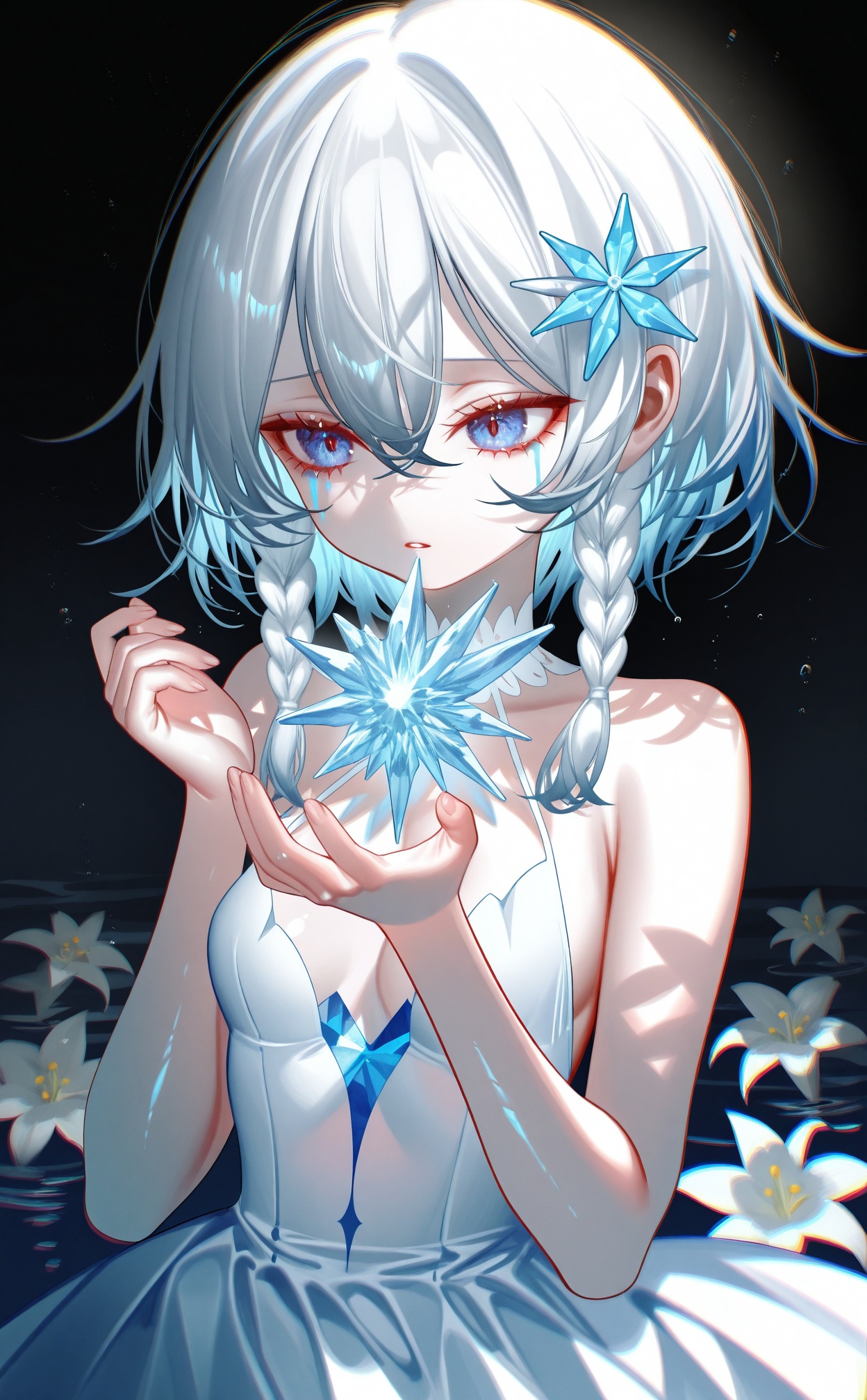 masterpiece,absurdres,best quality,((petite)),loli,high quality,chromatic_aberration,shiny_skin,//,1 girl,loli,White Dress,White short hair,braids,lily flower hair clip,upper body,cry,water,black background,Ice crystal,dappled sunlight,Suspended colorless crystal,beautiful detailed glow,(detailed ice),beautiful detailed water,//,[pottsness],[iumu],[Sheya],