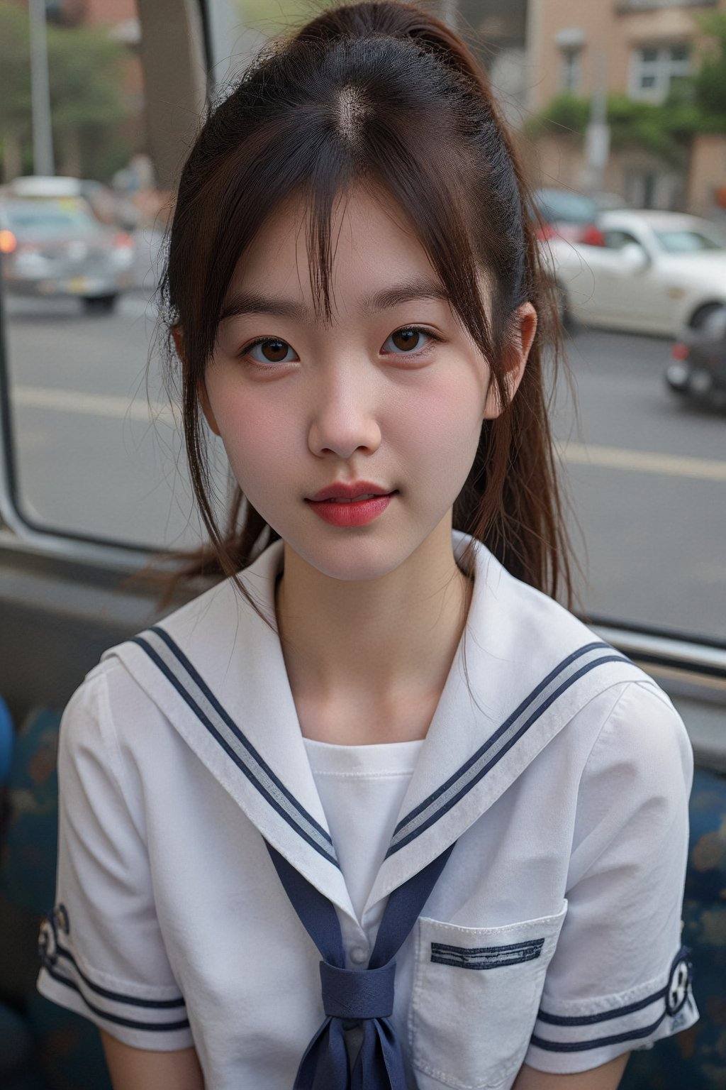 This is a photograph of a young Asian woman with fair skin,  sitting in a bus. She has long,  dark hair tied in a ponytail...