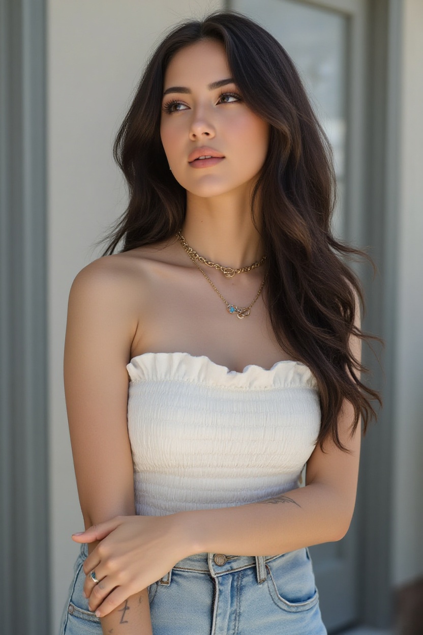 { "meta": { "quality": "High",  "type": "Photo" },  "context": { "desc": "A young woman is captured in a half-body outdoor...