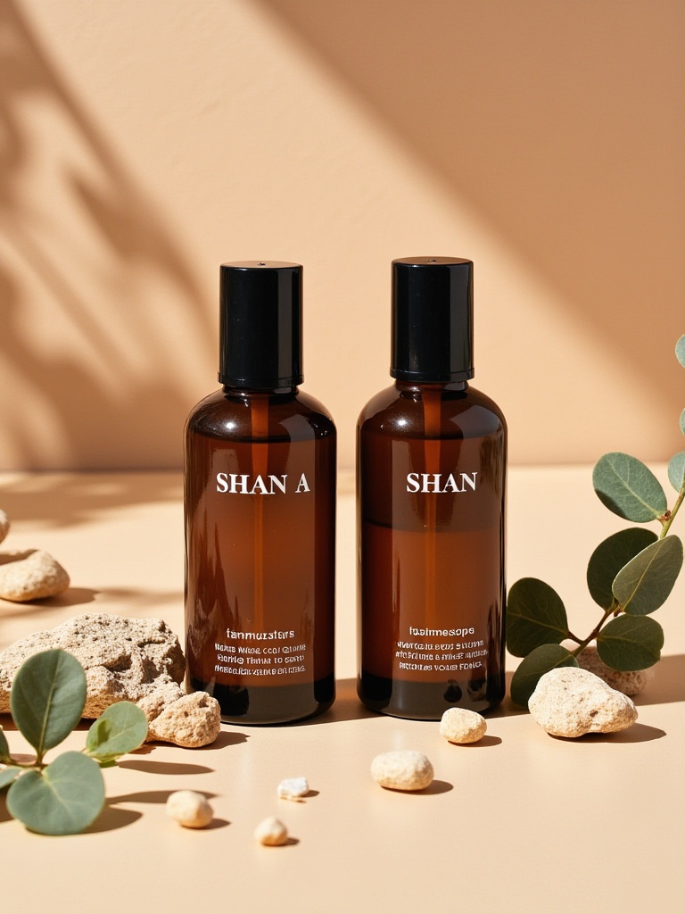 ttmzhsas,two brown glass bottles with black caps, placed on a beige surface, surrounded by small rocks and eucalyptus leaves. The bottles have white text that reads "SHAN A" and "SHAN" on them. The background is a simple beige color with a geometric pattern. The lighting is soft and natural, creating a warm and inviting atmosphere.<lora:S-T-电商场景-S1.4:1>