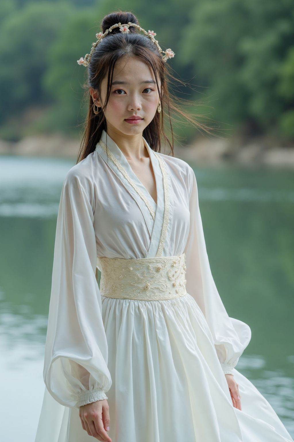 This is a photograph of a young girl, white hanfu, realistic skin, skin pores, extremely slim waist, upper body, film grain, realistic, photorealistic, river,