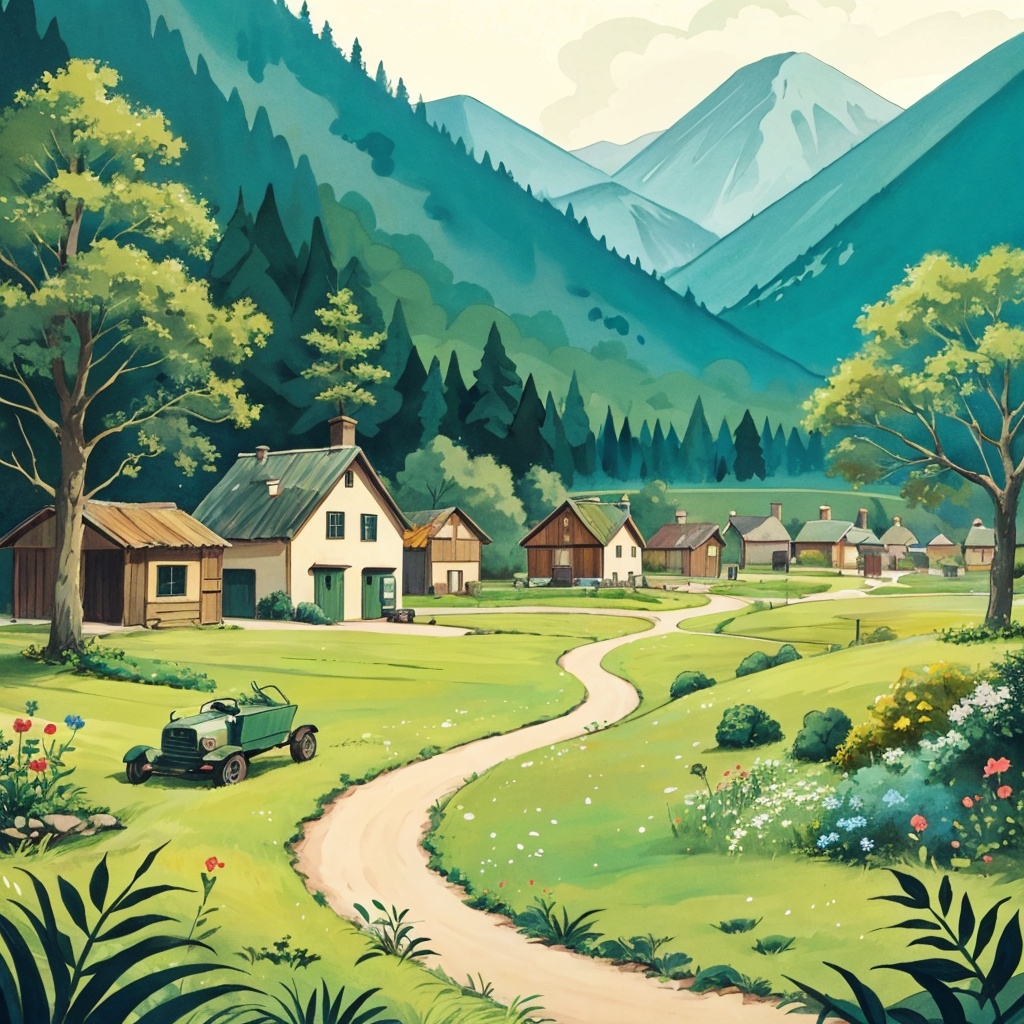 An illustration of a sustainable future village, with green forests and meadows. There is no garbage. The illustration is of a modern and minimalist style, with very vibrant and saturated colors,<lora:儿童绘本插画V1.0:0.9>,, masterpiece, best quality,