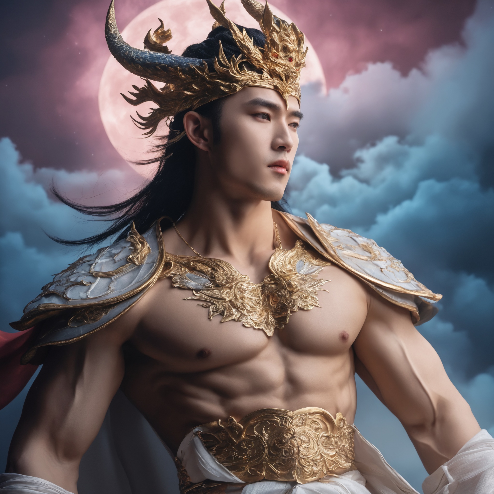 Handsome Chinese immortals, full-body photos, handsome, male stars, perfect proportions, men, full chest muscles and abdominal muscles, immortal costumes, wearing fairy crowns, immortal dragon patterns, celestial accessories, resplendent and magnificent, colorful clouds (((muscular macho))), facial repair, high definition repair,(((white skin))) bright light, high resolution studio, lighting, 8k, HD HD, super realistic, white tender body