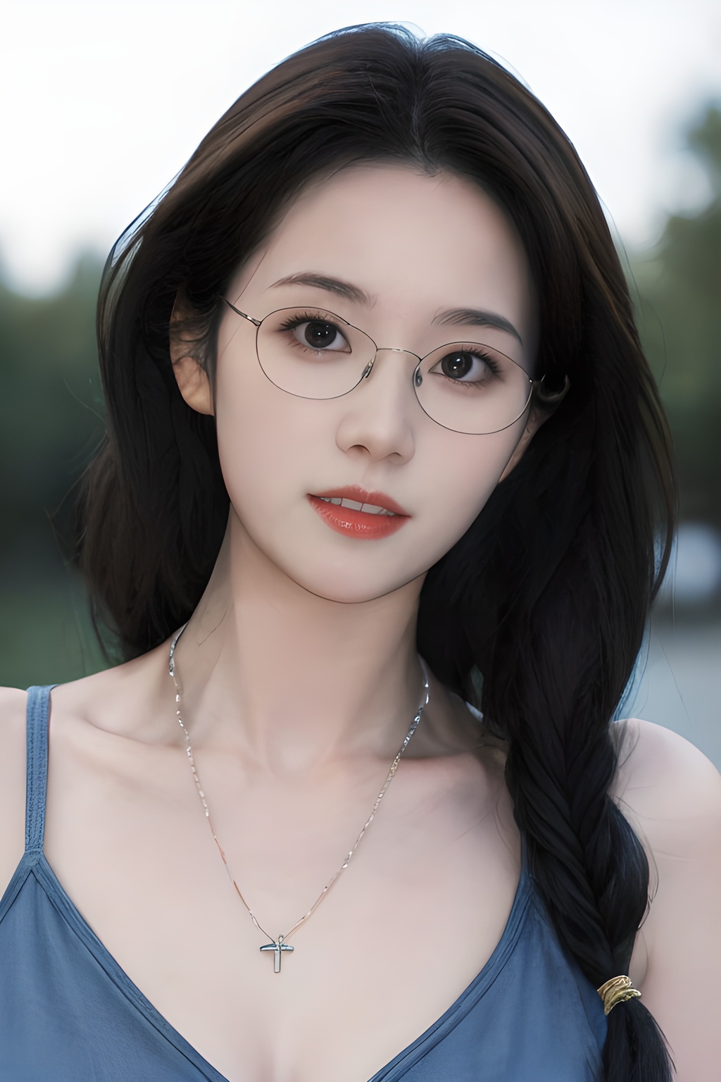 <lora:0827_03:0.7>simple background, best quality,masterpiece,highres,cg,1girl,Photograph,high resolution,8k, blue long hair,dark,Gothic,Dingdall effect,film grain,canon (company),bokeh,glasses,red hair,necklace, 1girl,realistic,masterpiece, best quality, photorealistic, HDR,detail