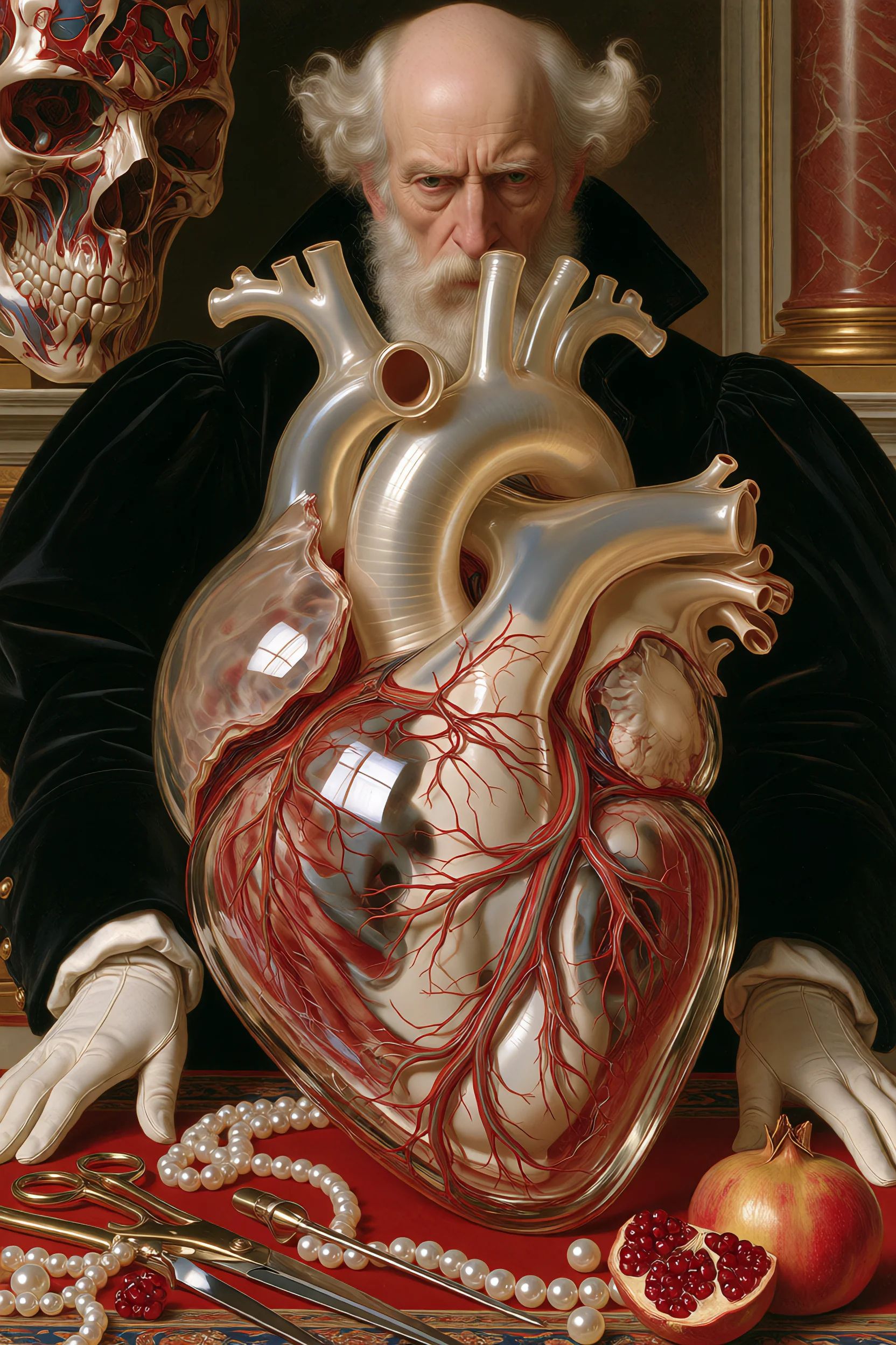sacredmenag,  elderly anatomist standing behind a table displaying an enormous translucent glass heart filled with curling...