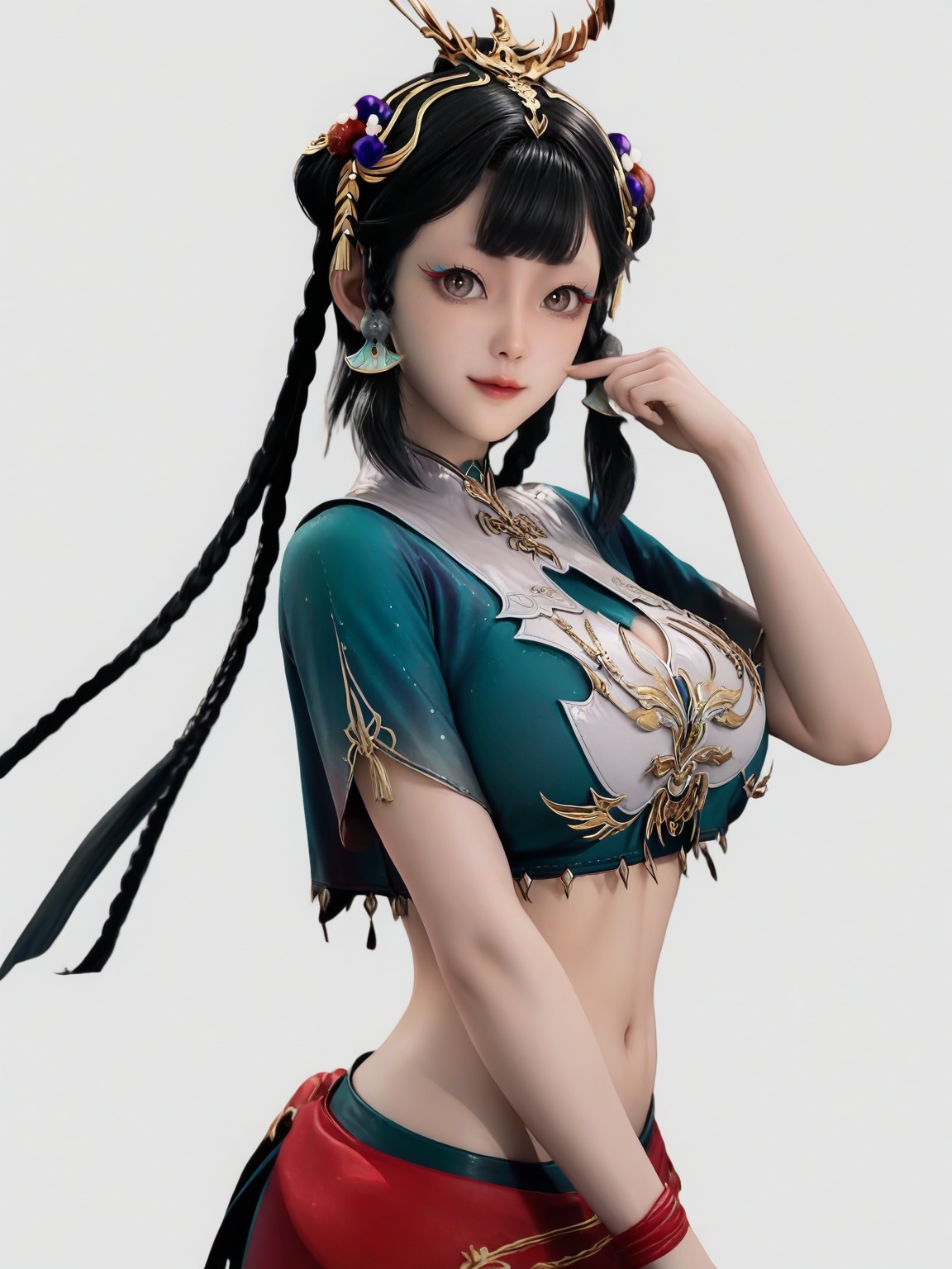 score_9,<lora:SF_XianQingEr_Pony_Realism2.3-000004:0.7>,1girl,solo,hair ornament,large breasts,black hair,bangs,braid,crop top,standing,looking at viewer,white background,simple background,