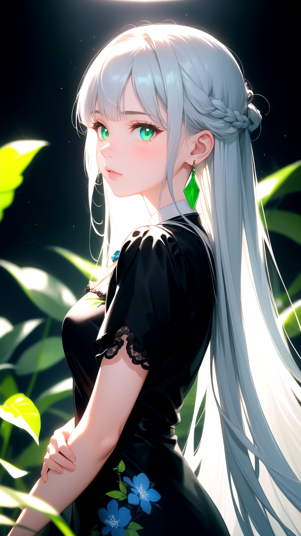 A beautiful girl with off-white long hair,  white luminous eyes,  green luminous earrings on Tensor.Art