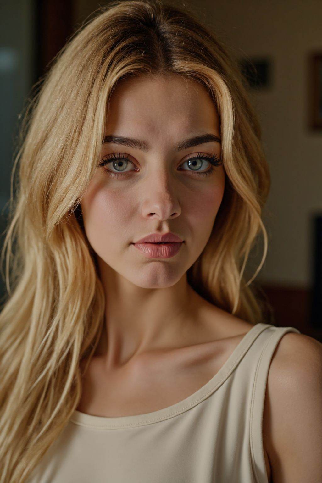 HDR photo of cinematic film still,This is a beautiful photograph of a woman,blonde hair cascading over her shoulders. She is wearing a boatneck dress, Looking at the viewer, closed mouth,