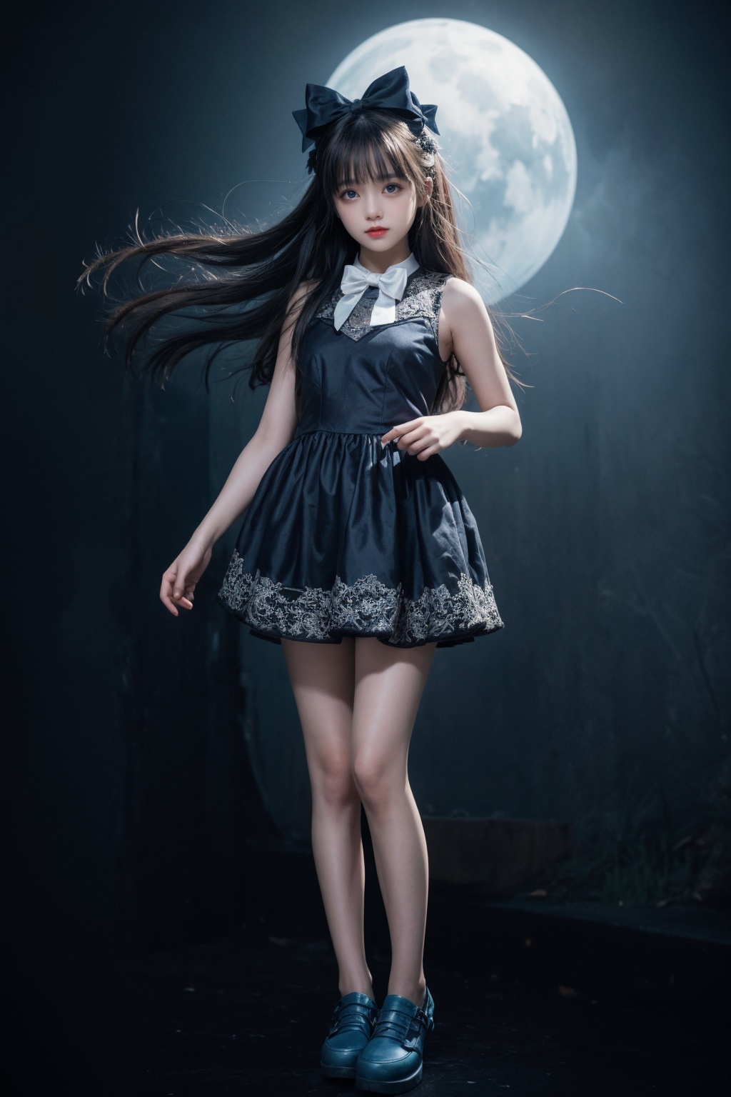 cinematic lighting,image fill,masterpiece,best quality,super detail,HD,textured skin,(fantasy),(mythical),(mystical atmosphere),(intricate details),((1girl)),((Floating)),in front of the monster,monster behind the girl,1girl,ahoge,bangs,bare legs,black bow,blue background,blue dress,blue eyes,blue footwear,bow,dress,female child,flat color,floating hair,full body,hair bow,long hair,looking at viewer,solo,standing,two-tone footwear,very long hair,white bow,white footwear,white hair,