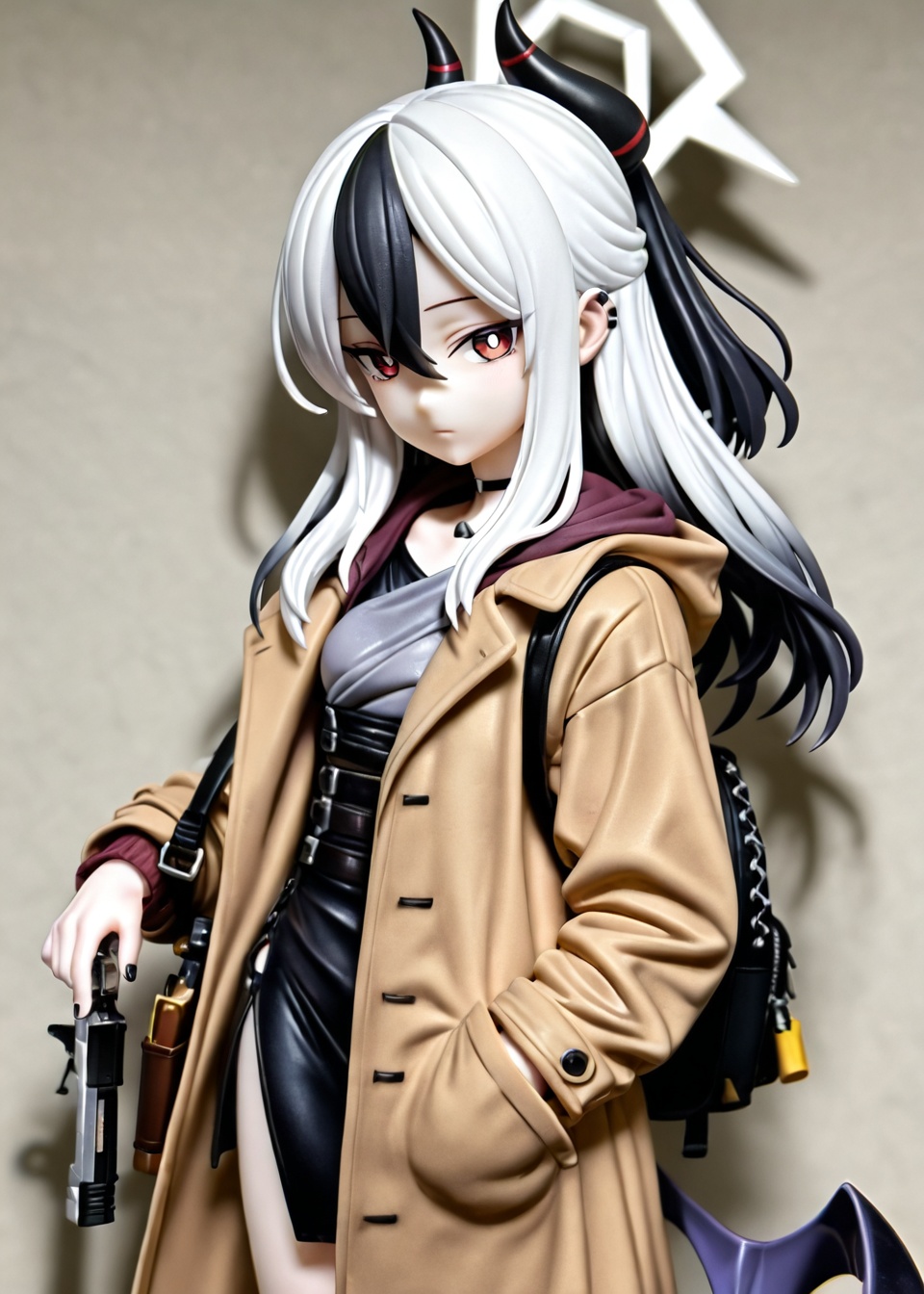 1girl, kayoko \(blue archive\), horns, red eyes, black hair, multicolored hair, white hair, solo, handgun, halo, demon horns, long hair, looking at viewer, gun, single wing, holstered, wings, hood, bird, weapon, earclip, jacket, black horns, hair between eyes, holster, two-tone hair, bright pupils, white pupils, long sleeves, brown coat, hoodie, black dress, hood down, chromatic aberration, dress
