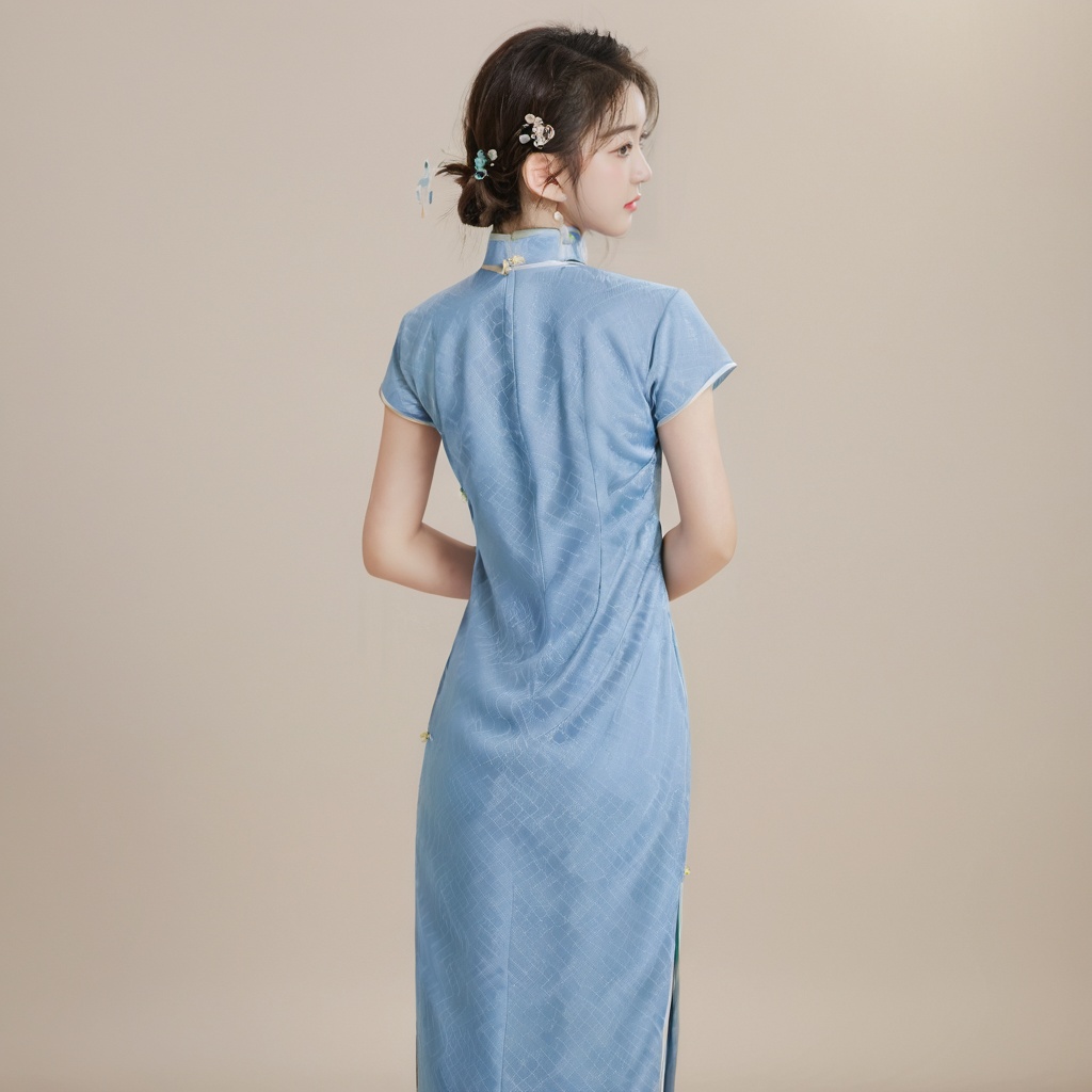 (Solo),from behind, full body, a 20-year-old beautiful idol girl wearing cheongsam, simple background, indoor, standing,
