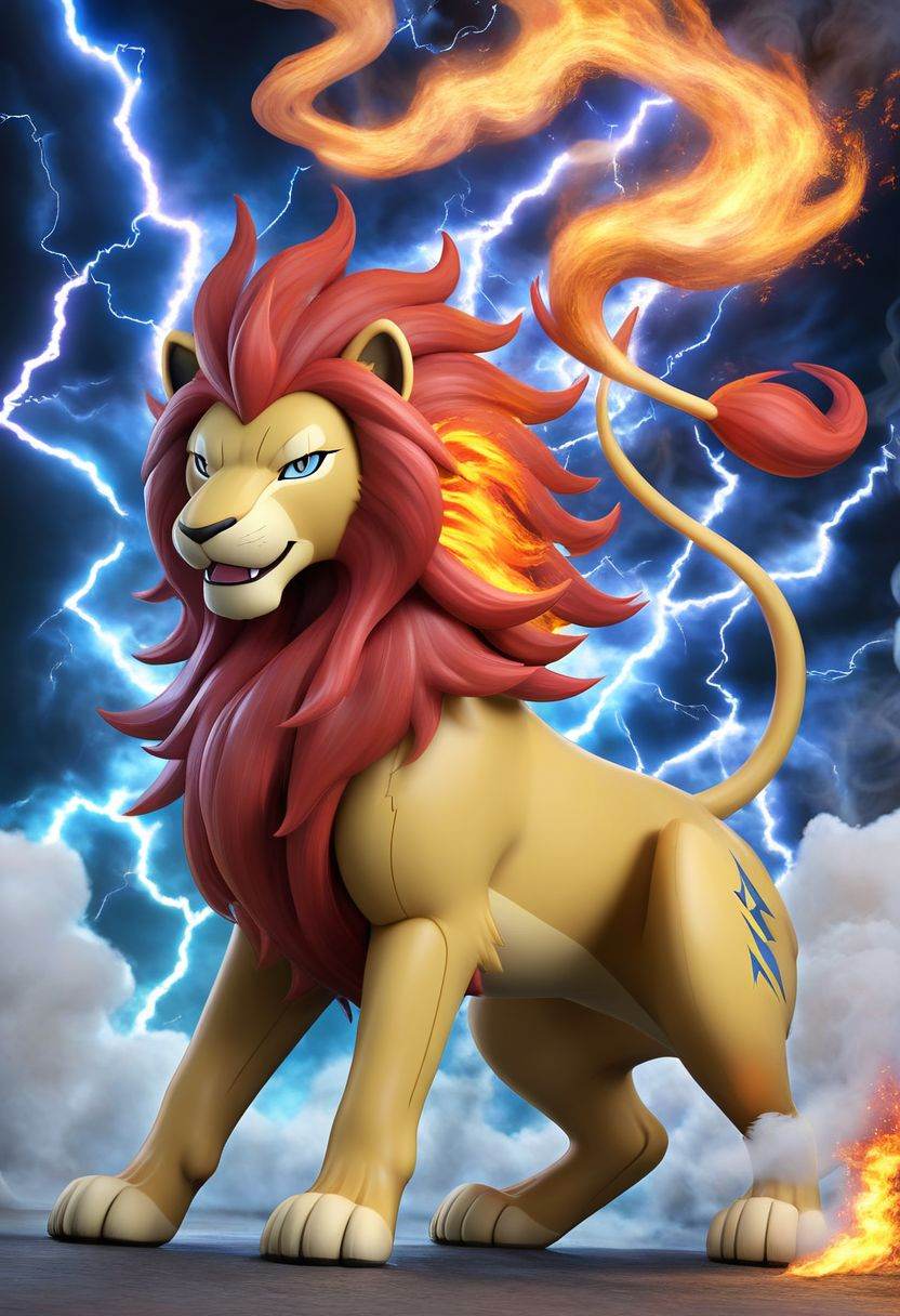Pokemon (Lion), Fire, Full Body, Smoke, Lightning, HD, Masterpiece, Best Quality, Solo,