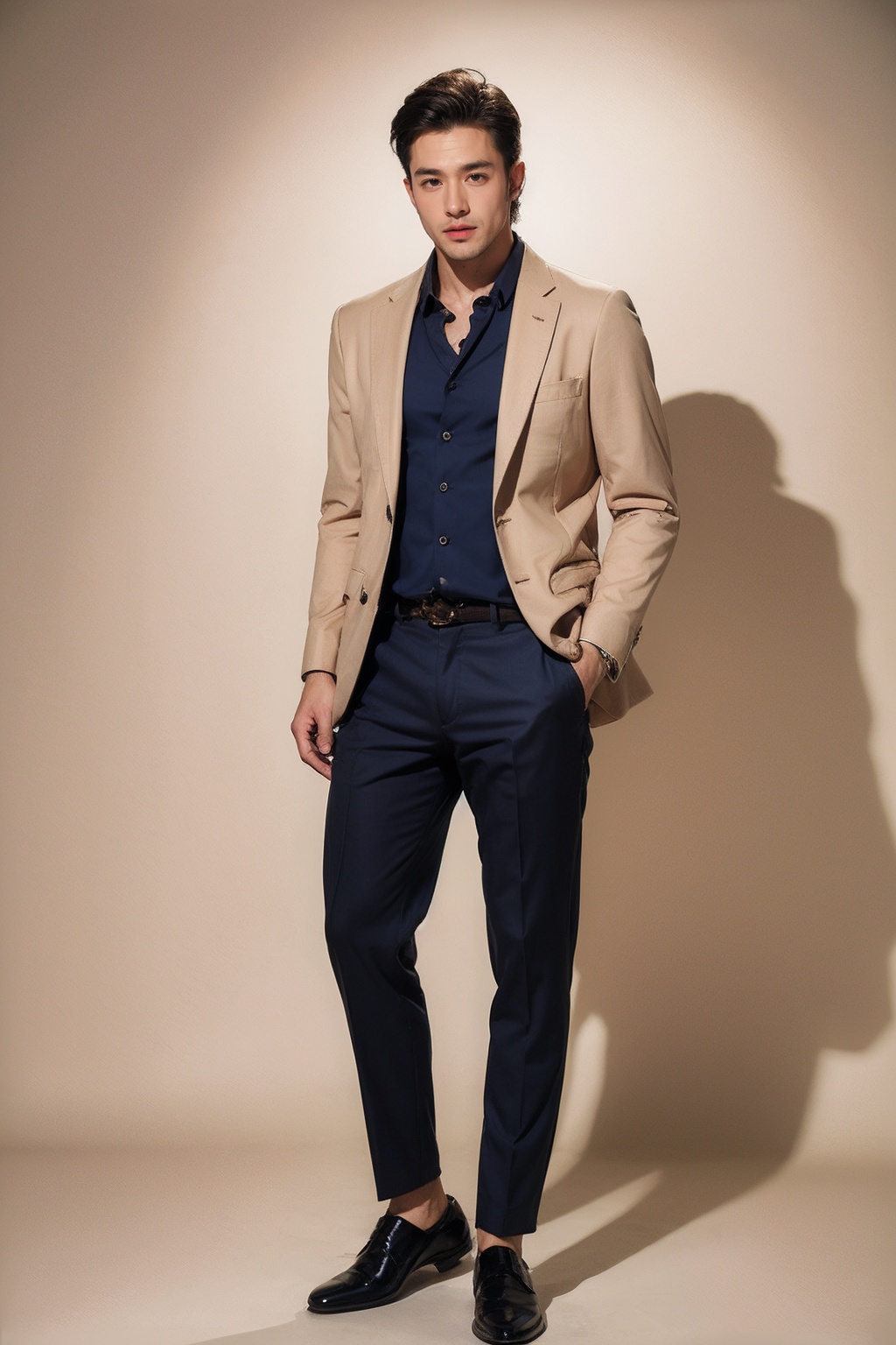 (1man:1.4),(male:1.2),(full body:1.2),(Collared shirt and blazer and suit trousers:1.4),<lora:Male_1:0.8>,