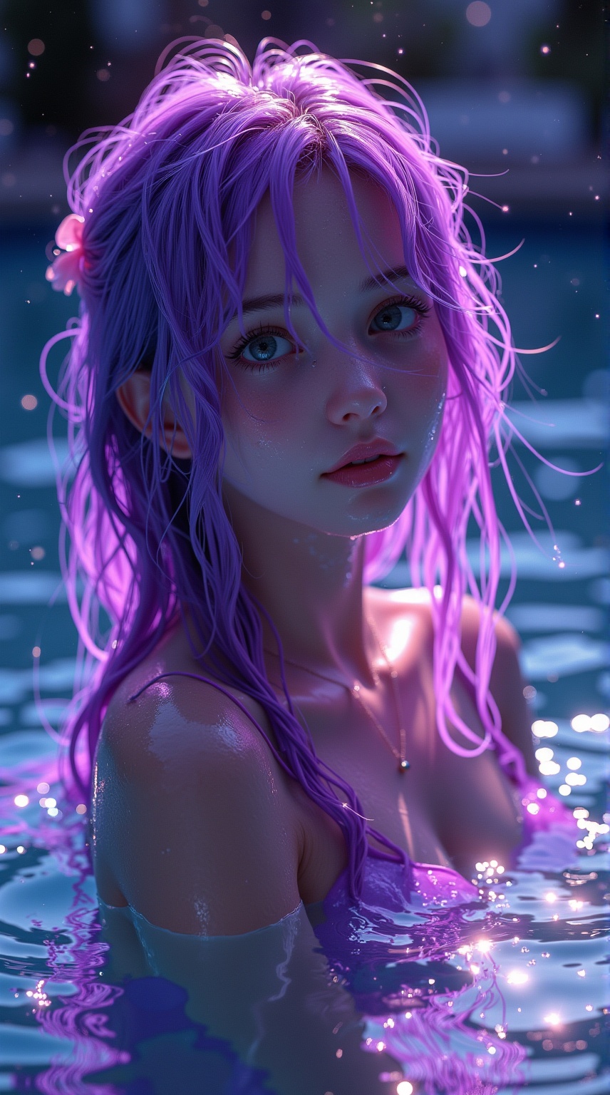 Purple girl,A young girl with vibrant purple hair,gazing into a pool of shimmering water under an ethereal light.,