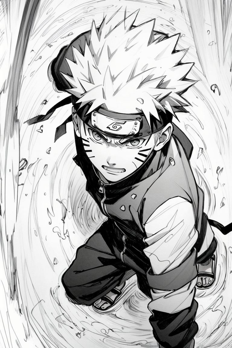 ((HRD, HUD, 8K)),((masterpiece, best quality)), highly detailed,Fight, monochrome, 1boy, greyscale, solo, male focus, forehead protector, uzumaki naruto, konohagakure symbol, sandals, ninja, looking at viewer, facial mark, spiked hair, whisker markings, from above, teeth, <lora:20240514-1715656820714:0.8>