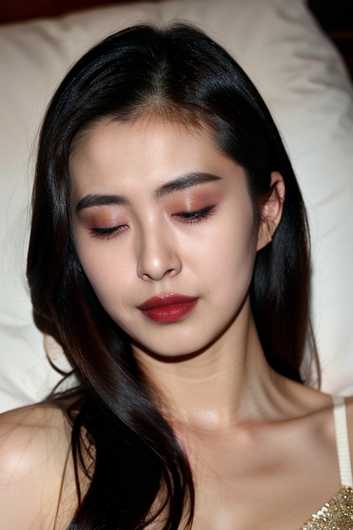 PHOTOREALISTIC REALISTIC,masterpiece,best quality,highres,ultra detailed,8k,1woman,portrait,makeup,lipstick,closed eyes,wangzuxian,strobe lighting,lying,on back,on bed, <lora:wangzuxian_alexnsfw4.1:0.6>