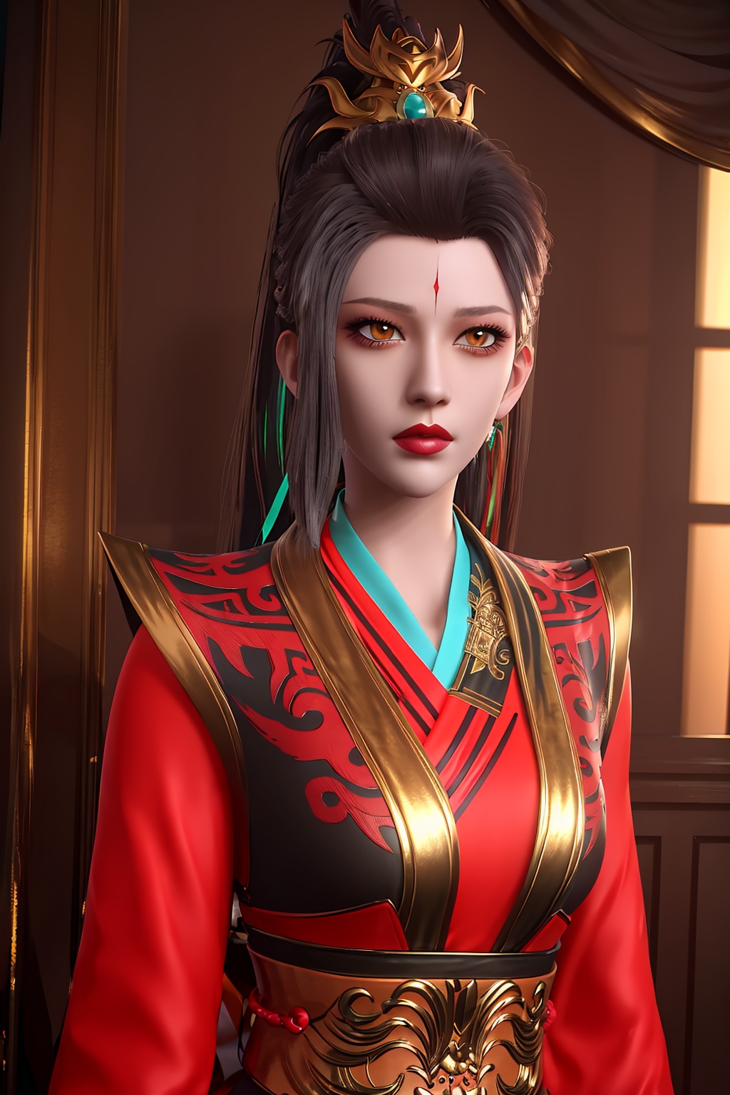3D,masterpiece,(best quality),(makeup),official art, extremely detailed cg 8k wallpaper,((crystalstexture skin)), (extremely delicate and beautiful),(highly detailed),(face),headpiece,(collar),(ponytail),(tiara),(closed_mouth),(1girl), (solo), (jewelry), (earrings),(brown_hair),(long_hair),(hair_ornament),(handwear),(breasts),((upper_body)),(dress),(multicolored_clothes),(multicolored_dress),(shiny_clothes),(city,indoor),,((looking_at_viewer)),((Facing the camera)),(gold_trim),, <lora:hipoly3DModelLora_v10:0.3>