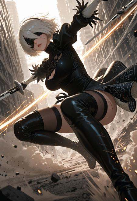 1girl, yorha no.2 type b, 2B (nier:automata), dynamic action pose, mid-air, slashing with katana, silver bobbed hair flowing, black blindfold, torn black combat dress, thigh-high boots, glowing sword trail, high-tech ruined city background, flying debris, sparks, smoke clouds, dramatic sunlight through dust, cinematic composition, intense expression, battle damage, fluttering fabric, soft glow, energy particles, motion blur, (high action:1.3), (dust and light rays:1.2), (battle effects:1.2), ultra-detailed, masterpiece, anime style, fantasy sci-fi setting. dynamic lighting, highres, ultra-detailed, masterpiece, best quality, amazing quality, very aesthetic, absurdres, highres, newest, scenery, HDR, 8k, HDR skin, cinematic lighting, dynamic composition, soft shadows, skin shine, volumetric shadows, soft glow, subsurface scattering, motion blur. solo