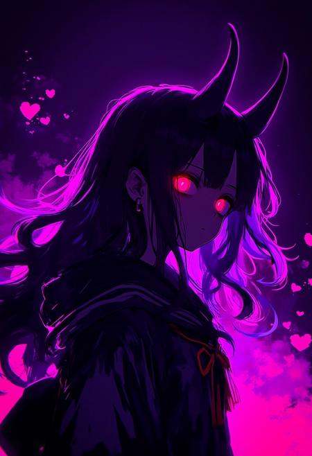 NLSTN. This is a vibrant, digital illustration in a neon-lit NLSTN anime style. The central figure is a young girl with long, wavy hair that blends into a dark, almost demonic aura. She has two prominent, curved horns protruding from her forehead, adding to her eerie appearance. Her eyes are a striking, glowing red, giving an intense, otherworldly glow.