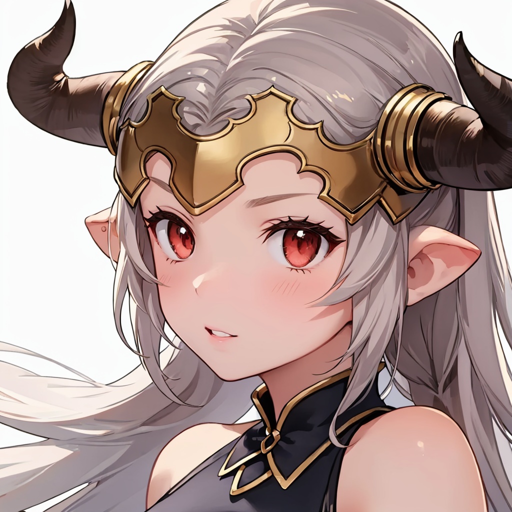 masterpiece,best quality, highly detailed, portrait,close-up,upper body,aliza (granblue fantasy),1girl,draph,hair pulled back,horns,<lora:aliza_(granblue_fantasy):1>,simple background,white background,