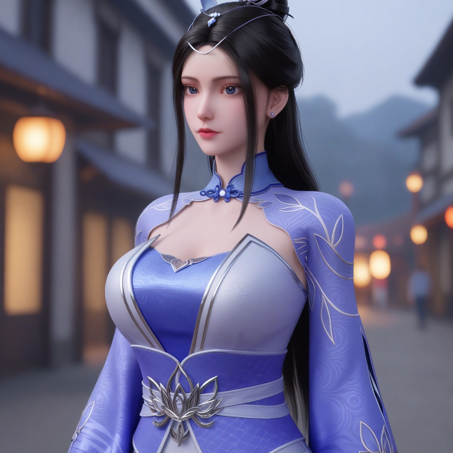 (upper_body:1.1),(huge breasts:0.9),77.<lora:YQponyyeyunV2:0.8>,(q1528437228:1.1),1girl,black_hair,solo,long_hair,dress,hair_ornament,long_sleeves,chinese_clothes,blue_eyes,blue_dress,jewelry,hair_bun,bracelet,sash,clothing_cutout,cleavage_cutout,brown_hair,ponytail,single_hair_bun,purple_dress,wide_sleeves,earrings,,blush,(looking_at_viewer:1.1),BREAKintricate details,shiny_skin,solo focus,(blurry background:1.1),(depth of field:1.1),perfect_anatomy,(cinematic lighting:0.9),(volumetric lighting:0.9),(simple background,pure black background,black background:1.1),
